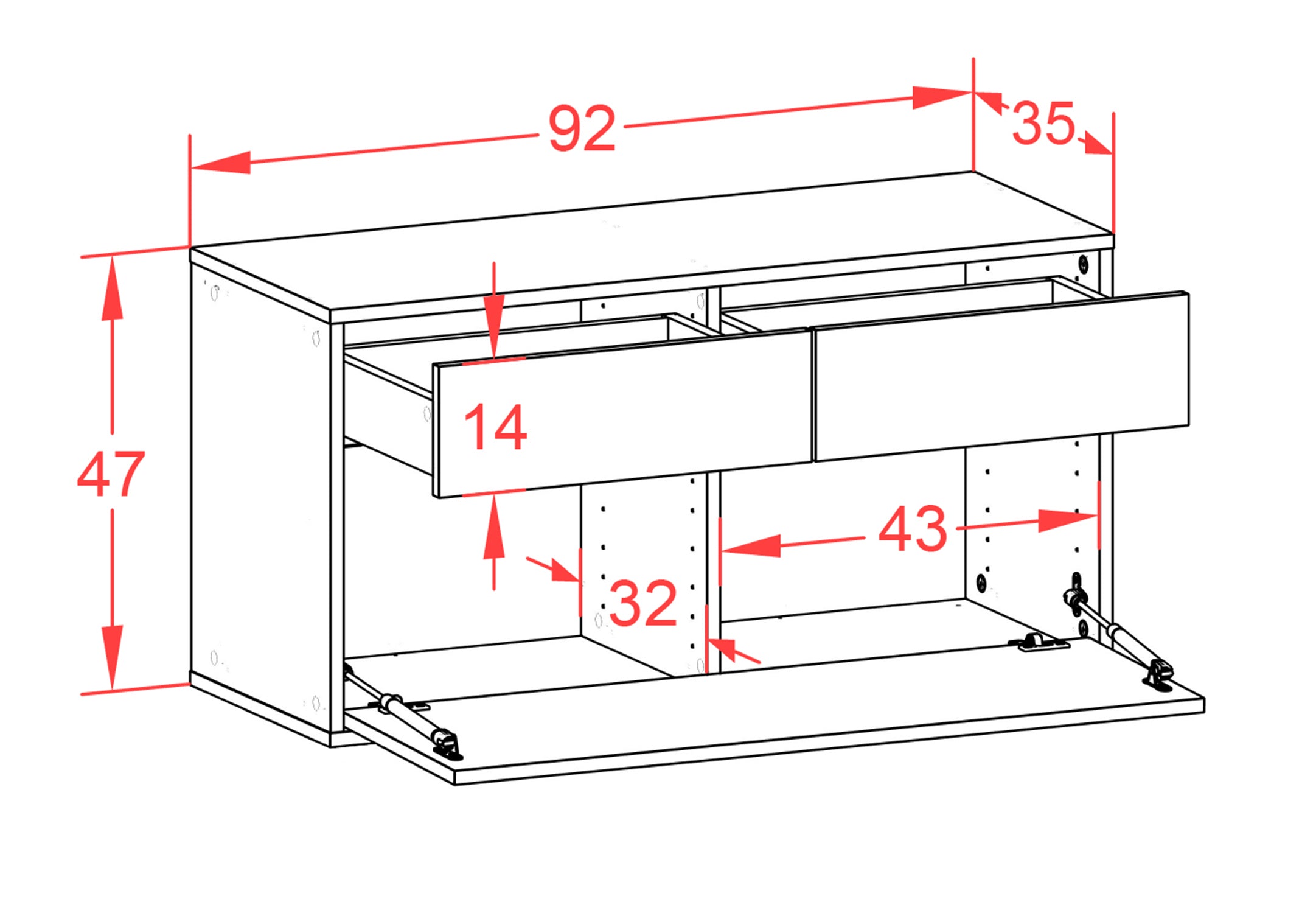 Lowboard - Agnese - Design Holzdekor - Wandmontage mit Push to Open 92 cm Anthrazit