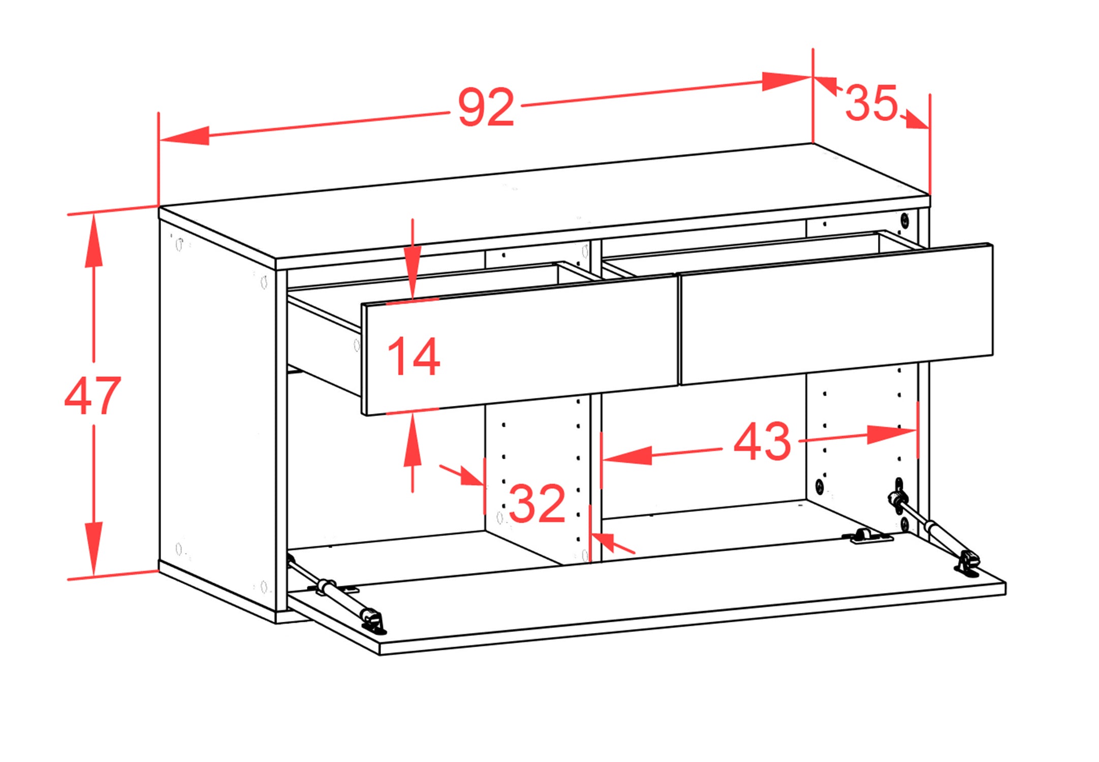 Lowboard - Agnese - Design Farbakzent - Wandmontage mit Push to Open 92 cm Anthrazit