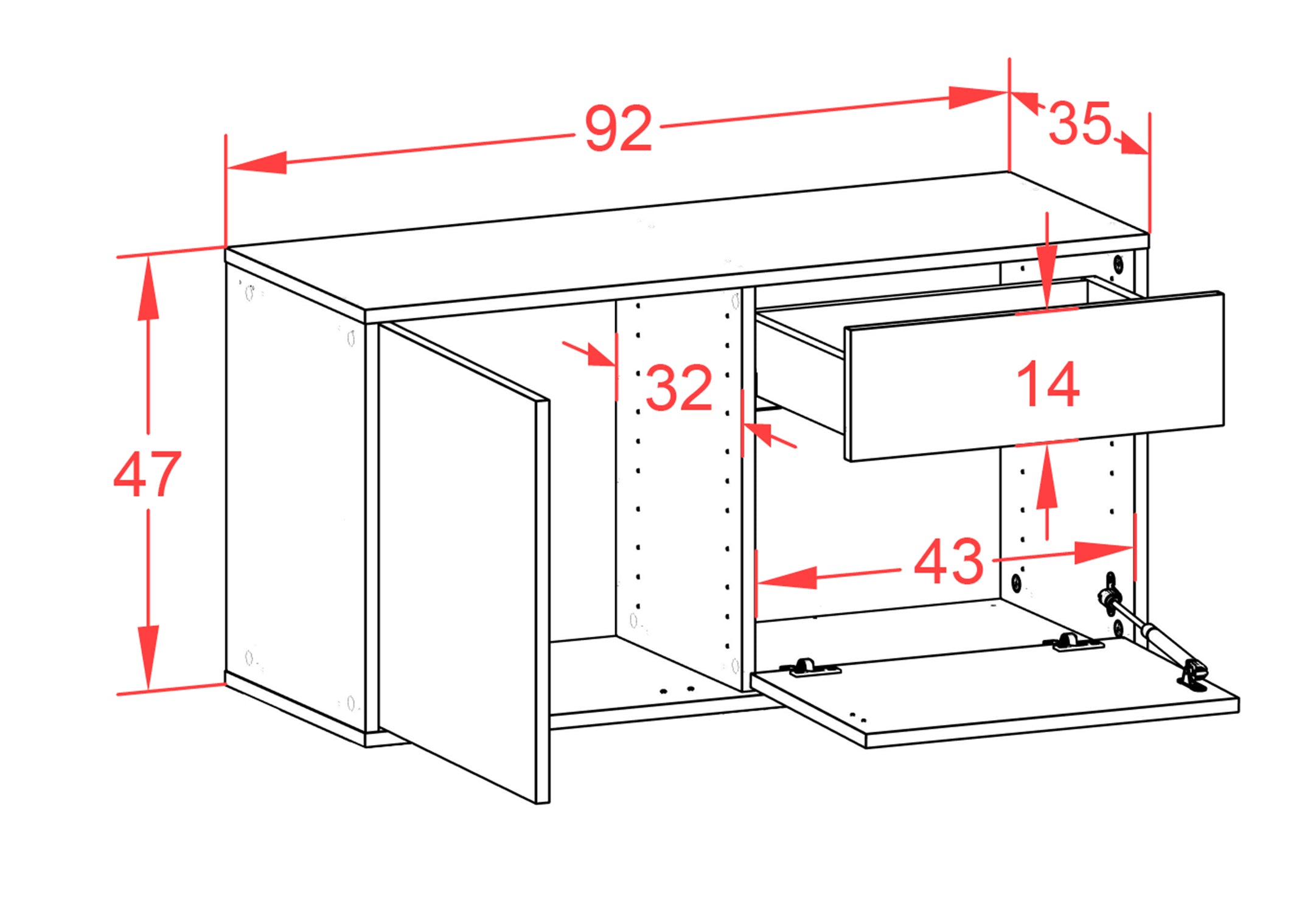 Lowboard - Aja - Design Farbakzent - Wandmontage mit Push to Open 92 cm Weiss
