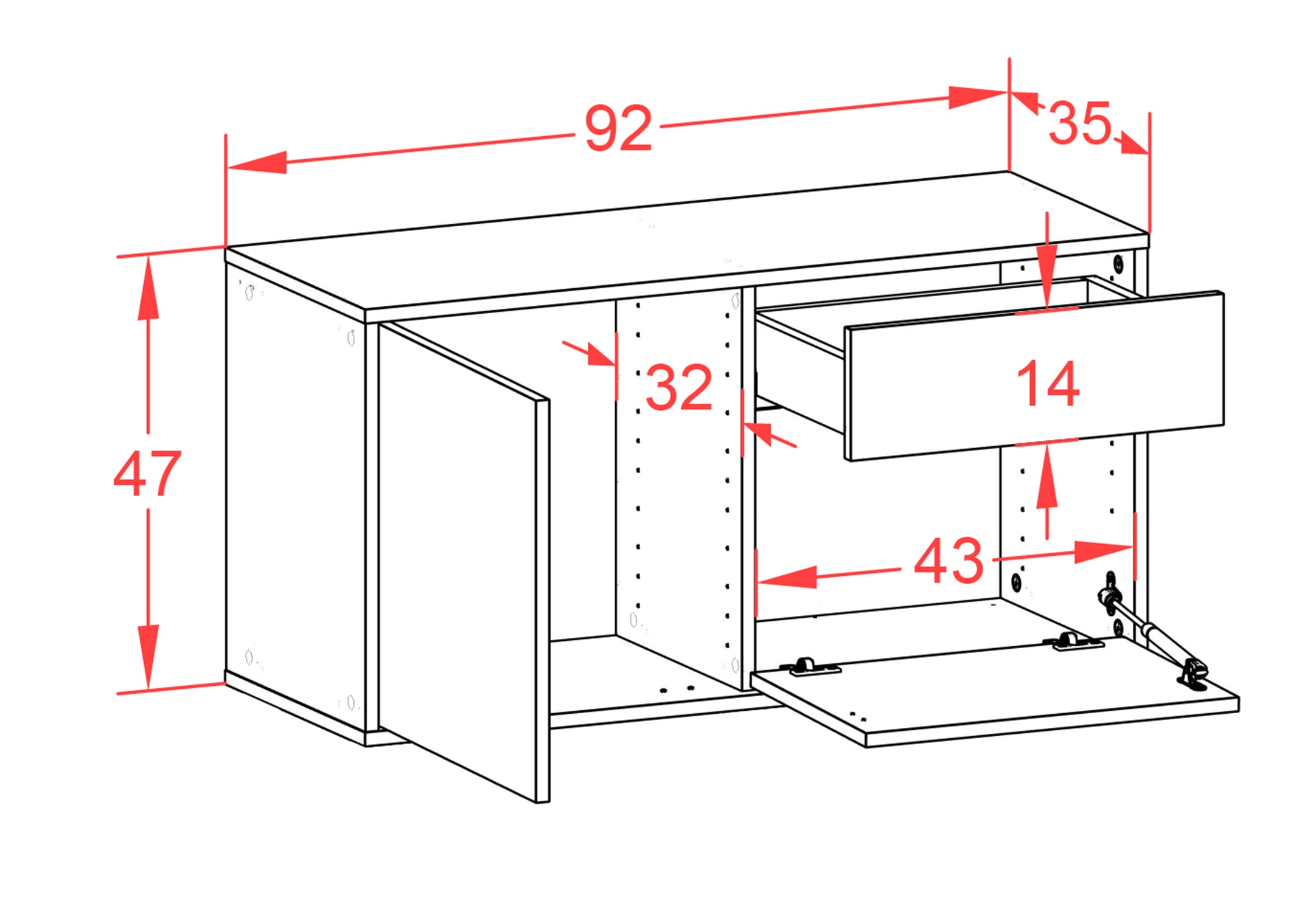 Lowboard - Aja - Design Holzdekor - Wandmontage mit Push to Open 92 cm Anthrazit