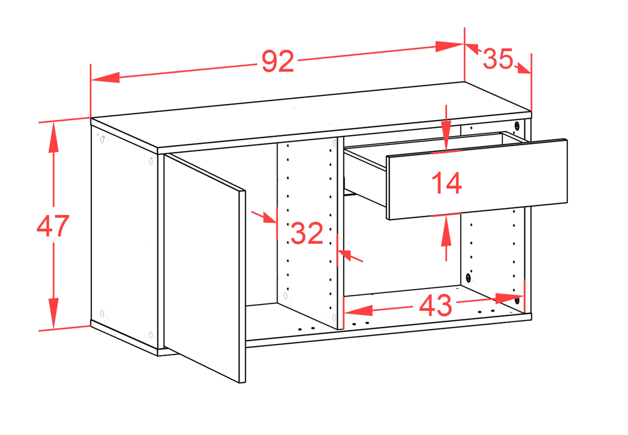 Lowboard - Alberina - Design Farbakzent - Wandmontage mit Push to Open 92 cm Weiss