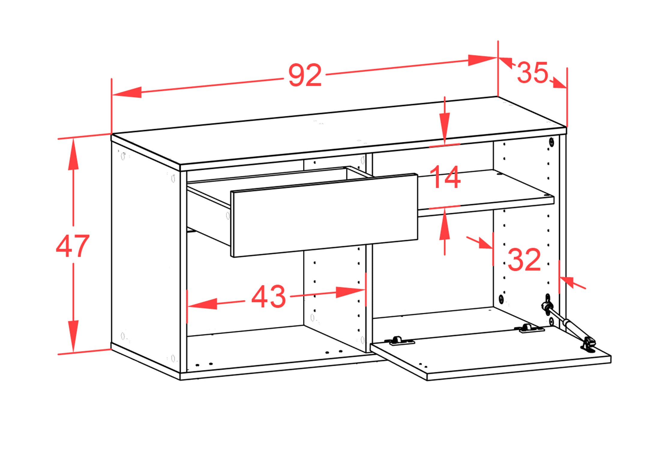 Lowboard - Albina - Design Hochglanz - Wandmontage mit Push to Open 92 cm Weiss