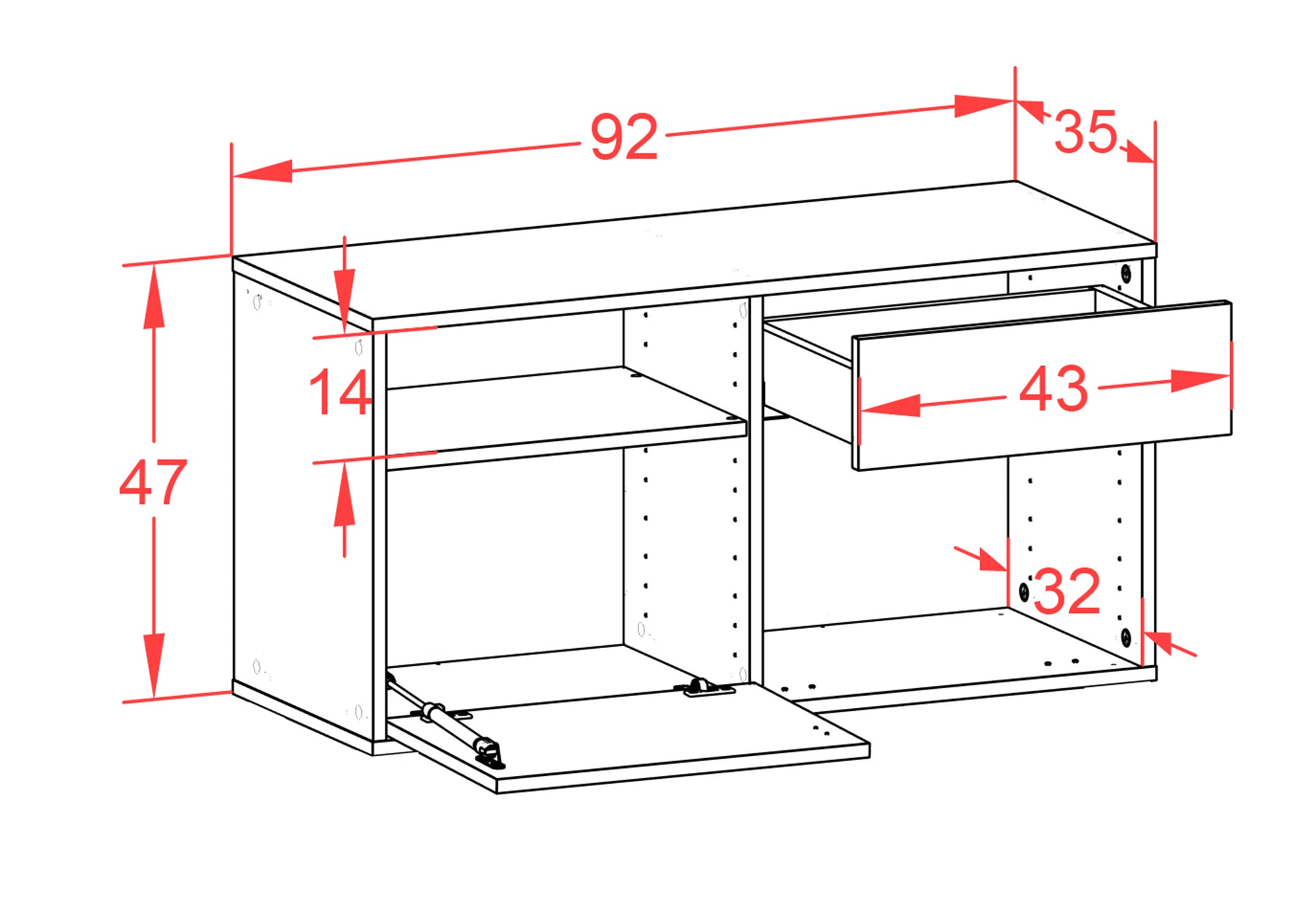 Lowboard - Alecia - Design Farbakzent - Wandmontage mit Push to Open 92 cm Weiss