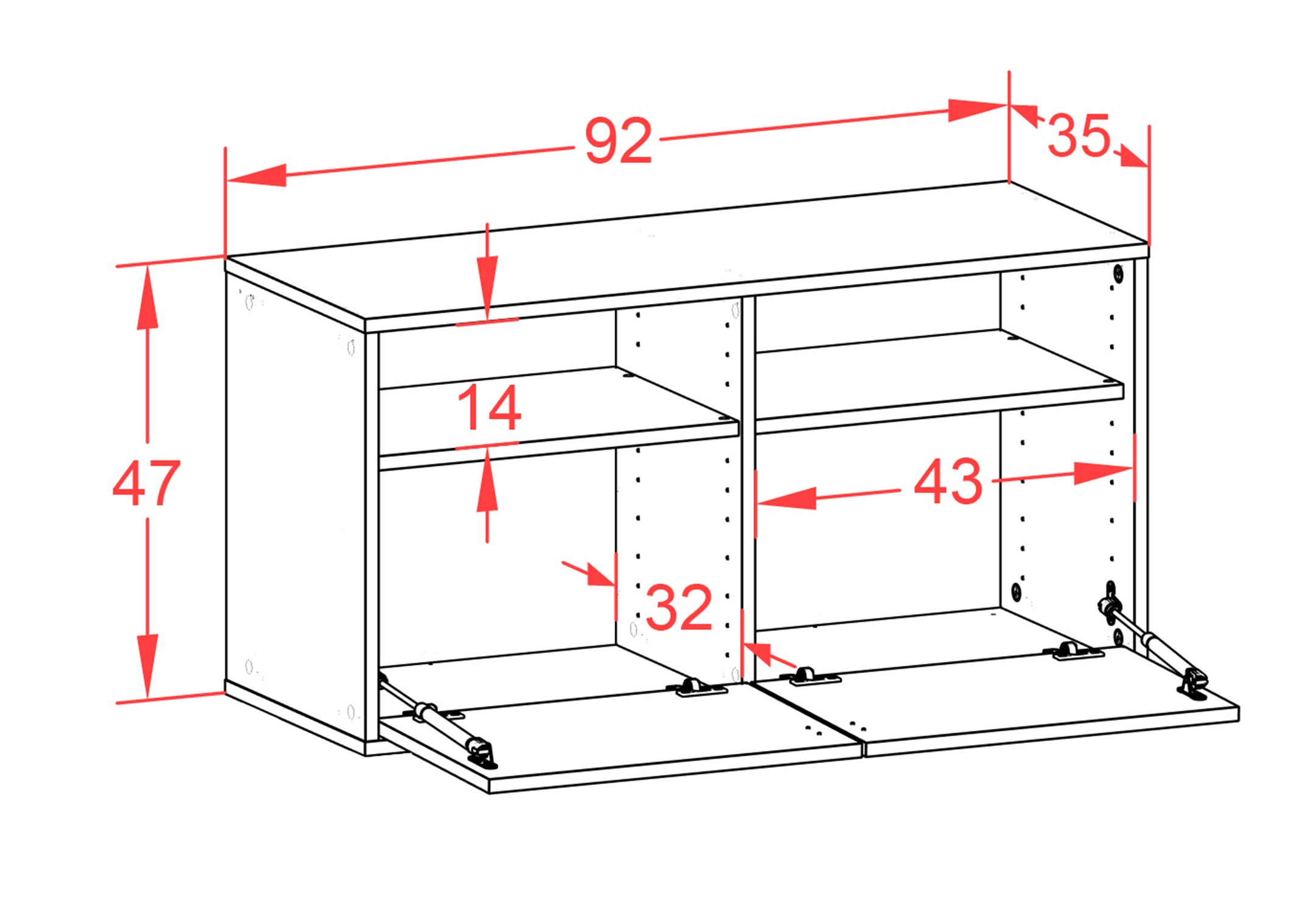 Lowboard - Alegra - Design Hochglanz - Wandmontage mit Push to Open 92 cm Weiss