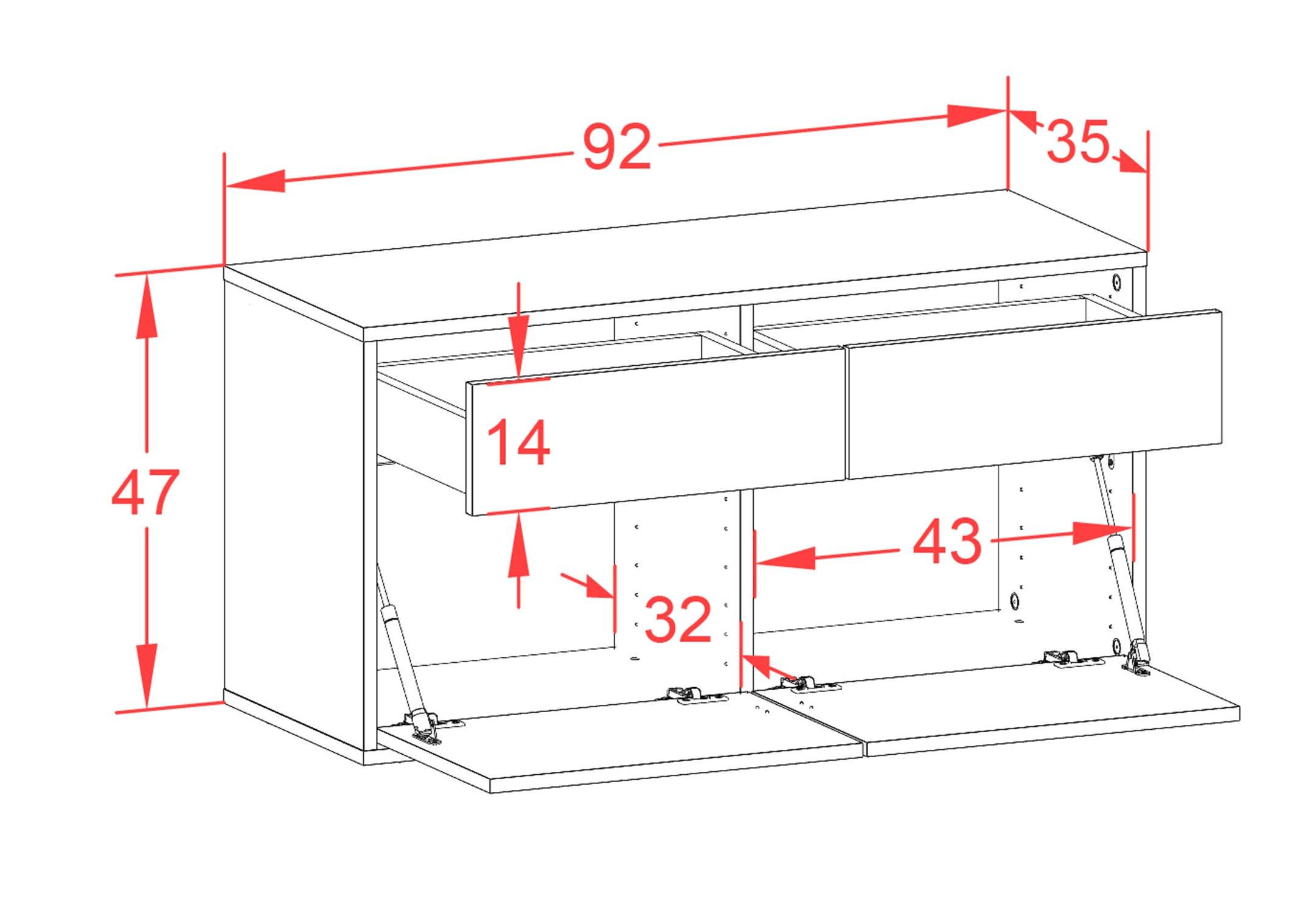 Lowboard - Alena - Design Holzdekor - Wandmontage mit Push to Open 92 cm Weiss