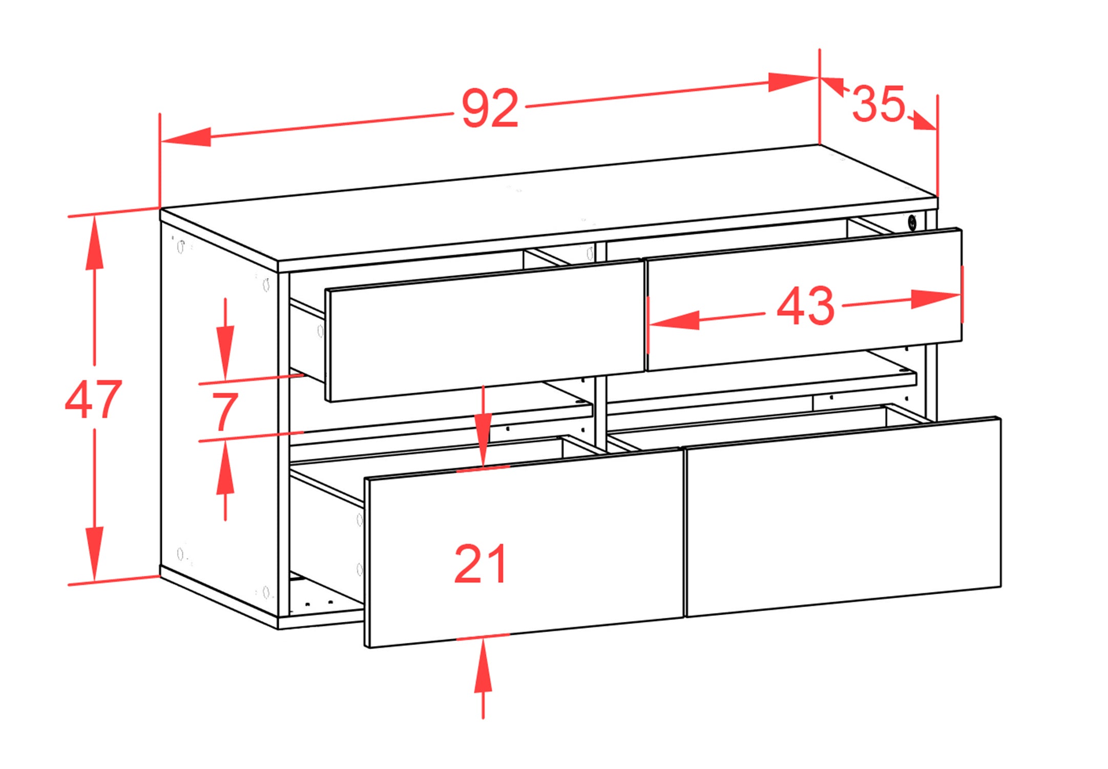 Lowboard - Alice - Design Holzdekor - Wandmontage mit Push to Open 92 cm Anthrazit
