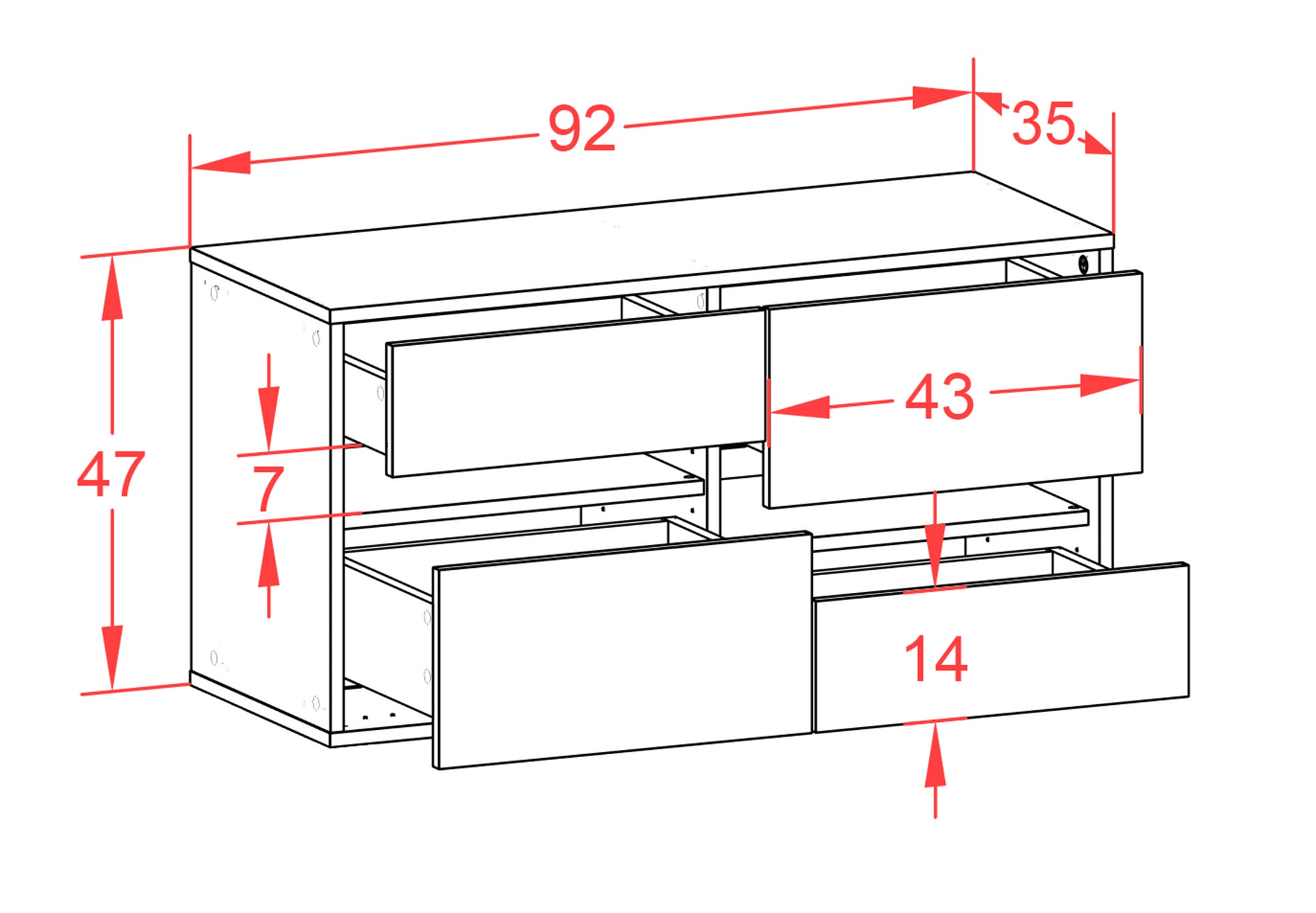 Lowboard - Alina - Design Farbakzent - Wandmontage mit Push to Open 92 cm Anthrazit