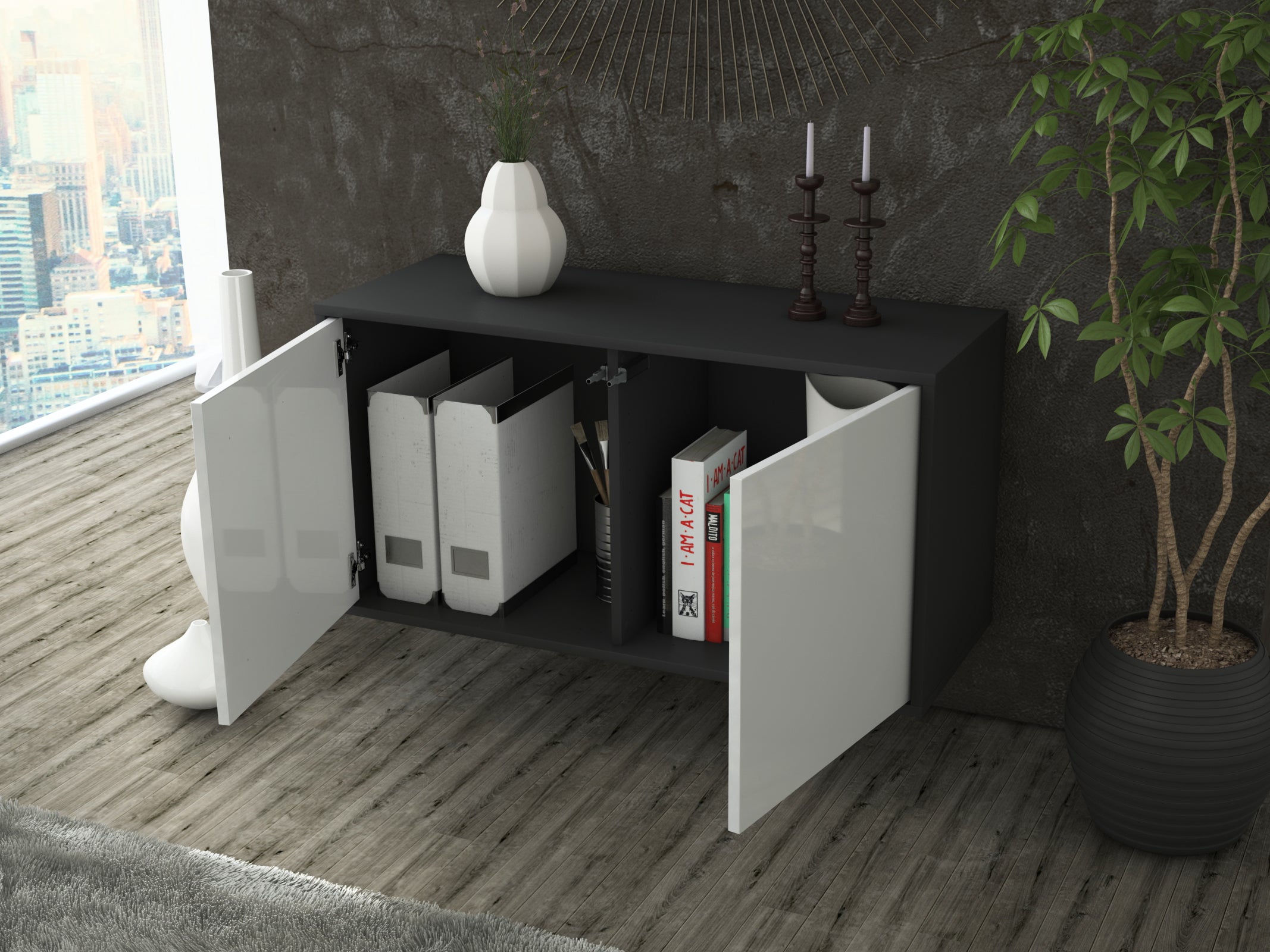 Lowboard - Ada - Design Hochglanz - Wandmontage mit Push to Open 92 cm Anthrazit