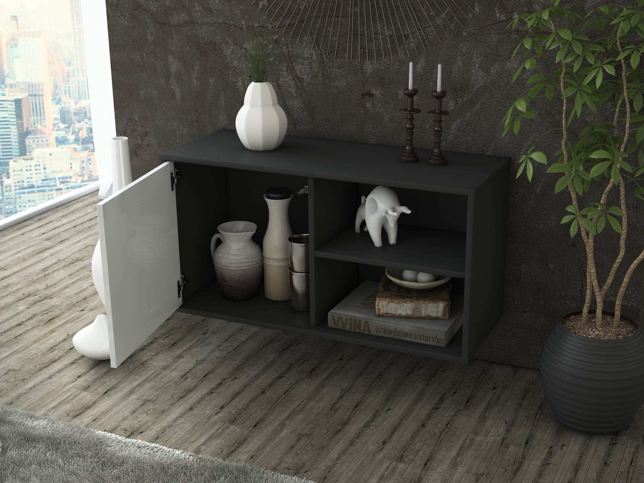 Lowboard - Adelia - Design Hochglanz - Wandmontage mit Push to Open 92 cm Anthrazit