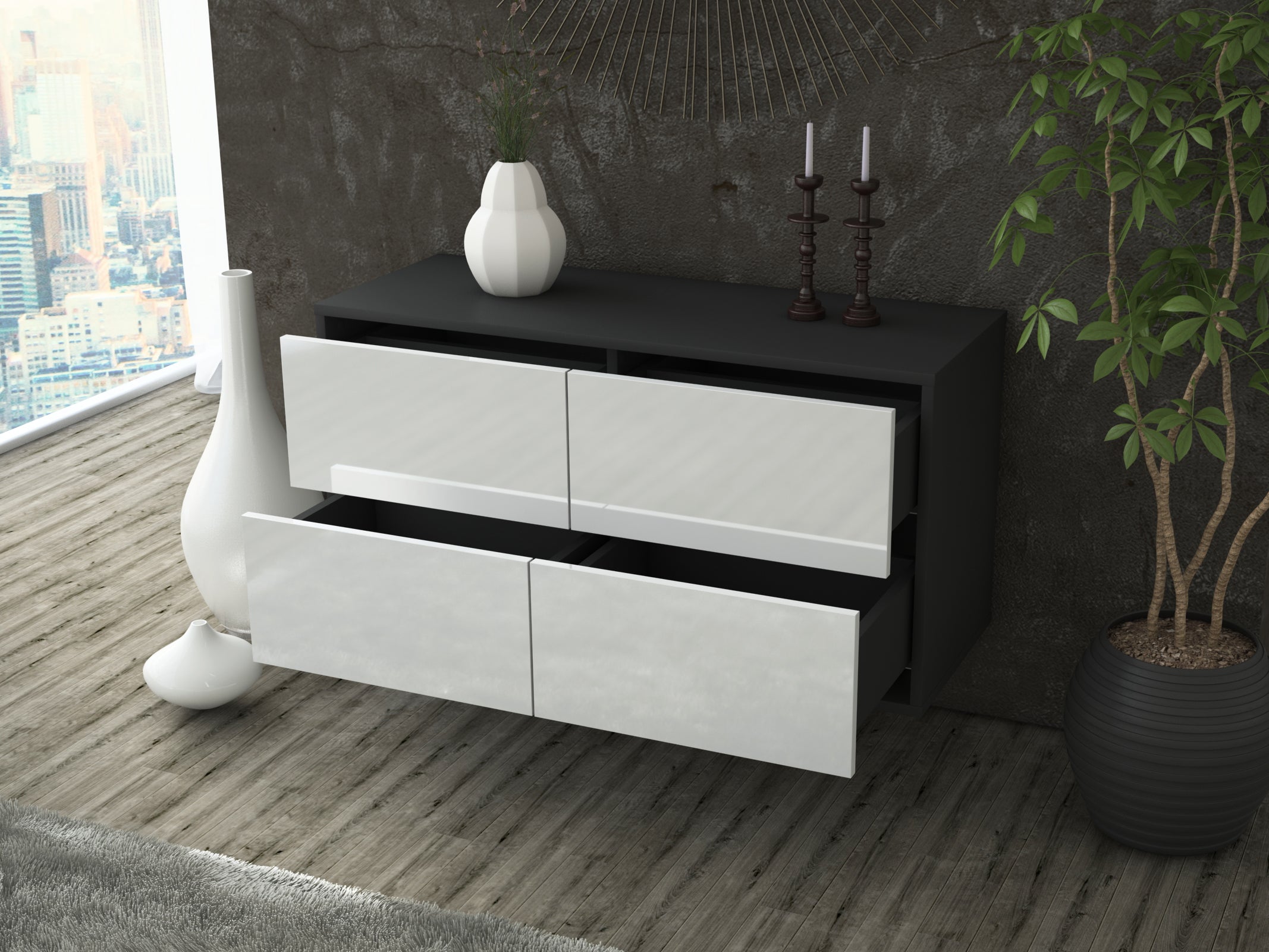 Lowboard - Aella - Design Hochglanz - Wandmontage mit Push to Open 92 cm Anthrazit