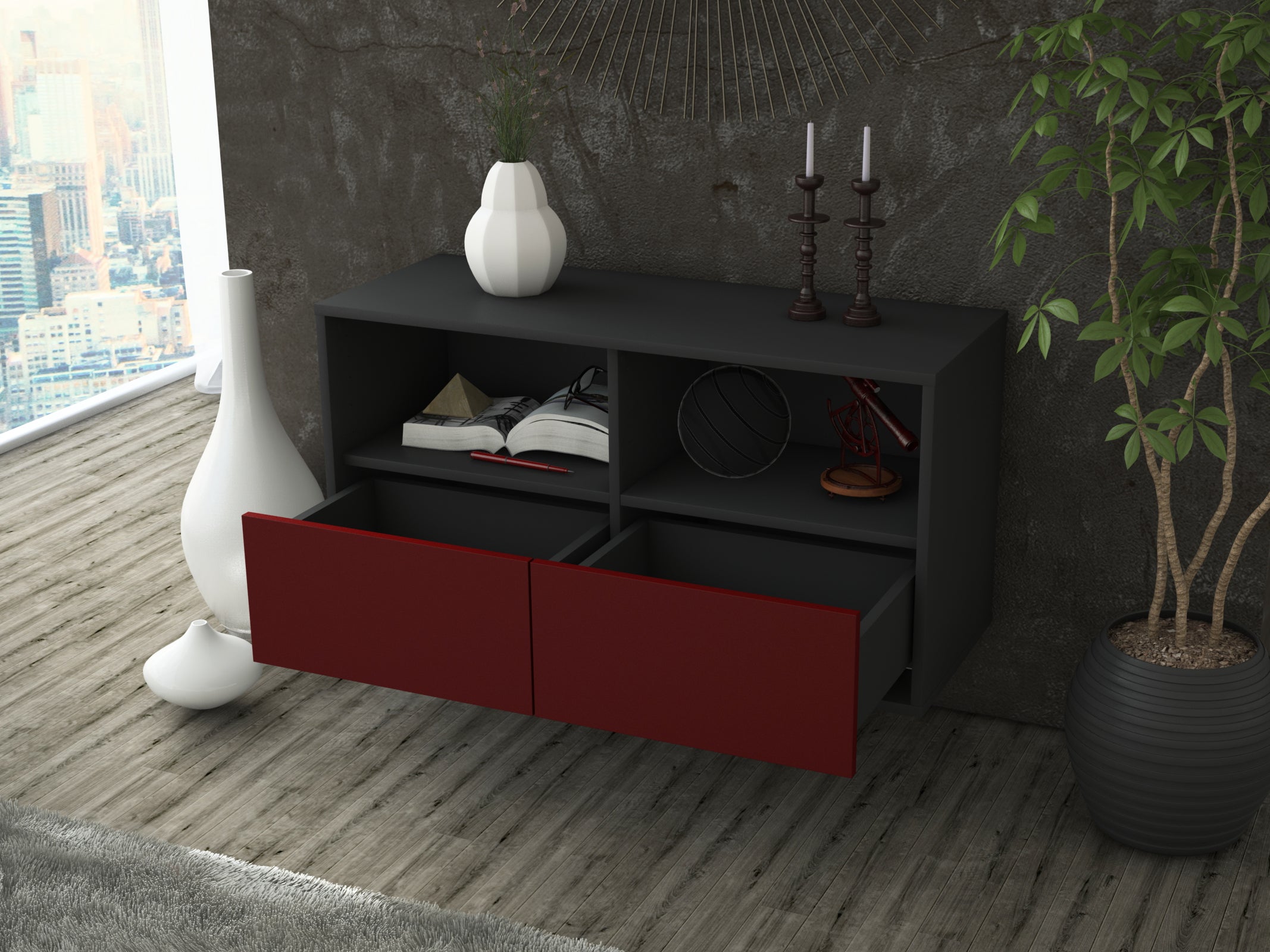 Lowboard - Aeon - Design Farbakzent - Wandmontage mit Push to Open 92 cm Anthrazit
