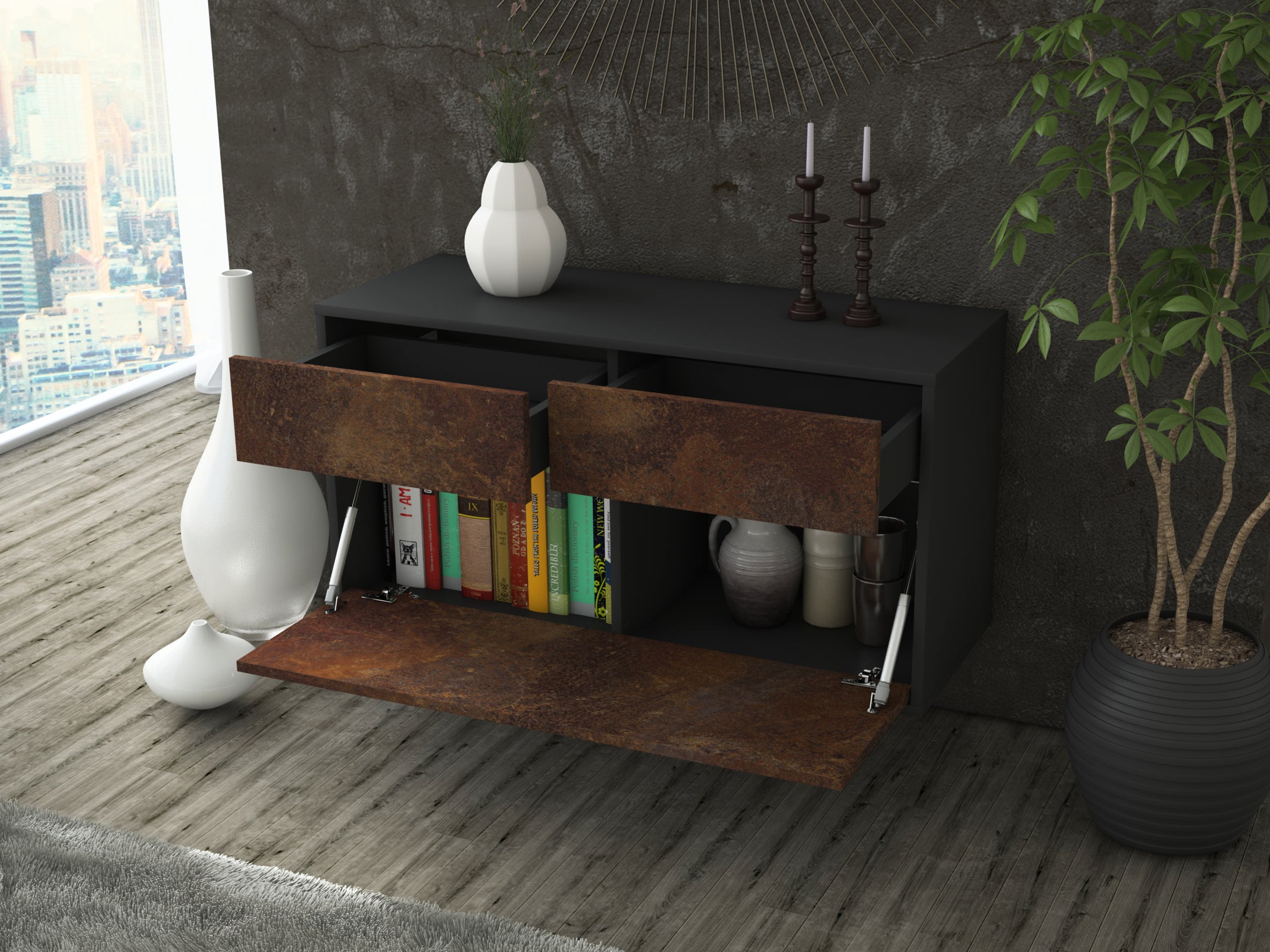 Lowboard - Agnese - Design Industrie Stil - Wandmontage mit Push to Open 92 cm Anthrazit