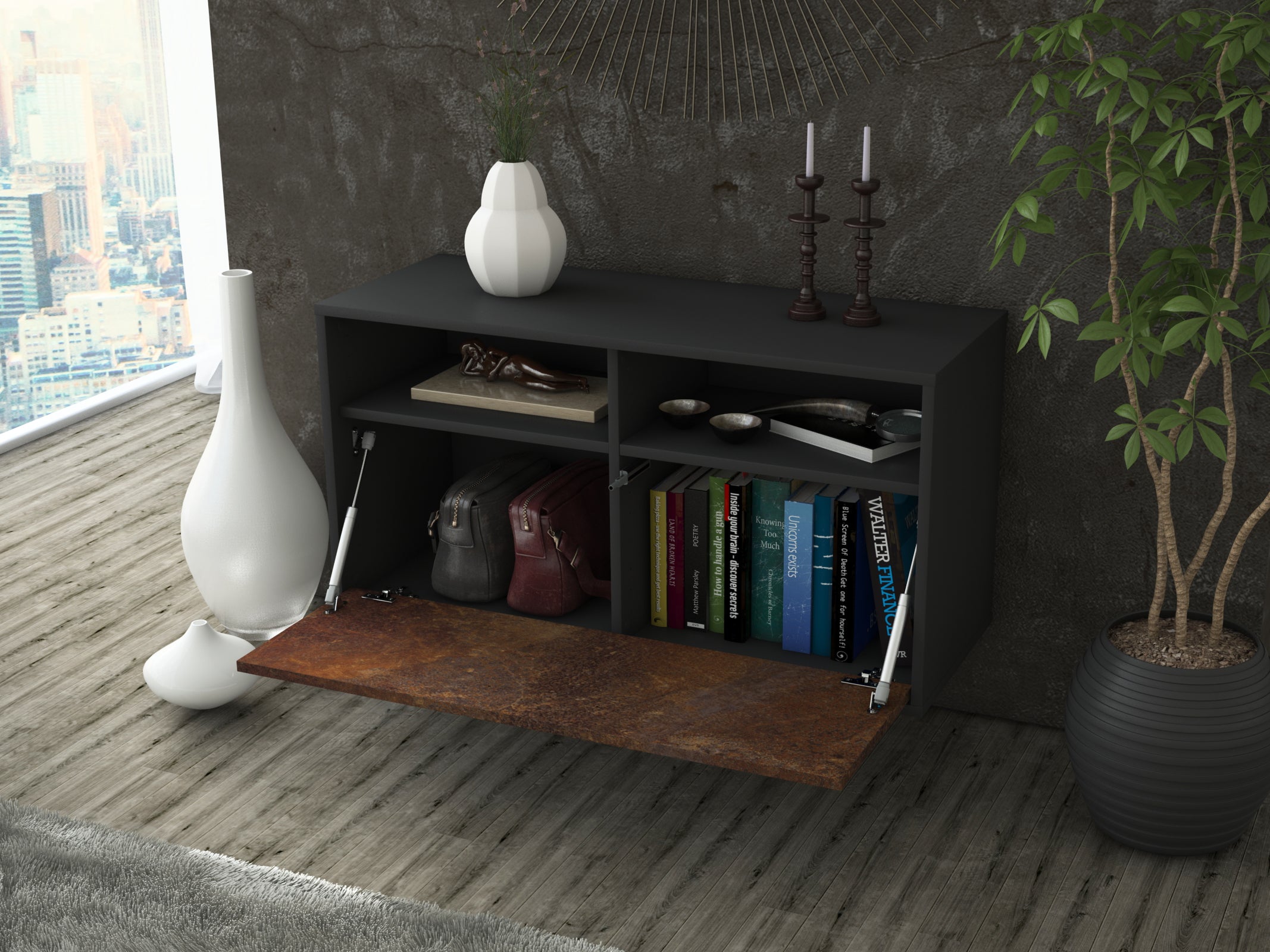 Lowboard - Agostina - Design Industrie Stil - Wandmontage mit Push to Open 92 cm Anthrazit