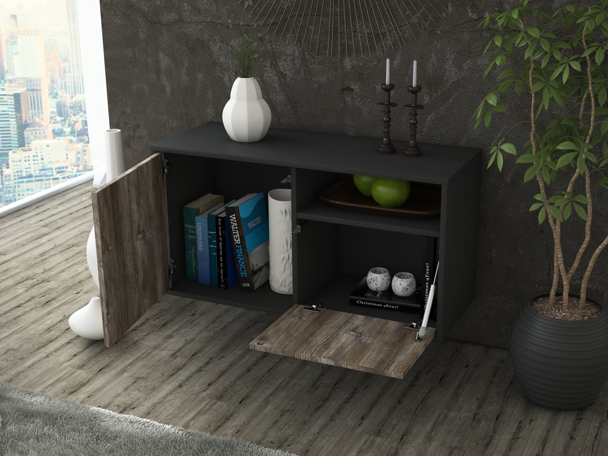 Lowboard - Ajda - Design Holzdekor - Wandmontage mit Push to Open 92 cm Anthrazit