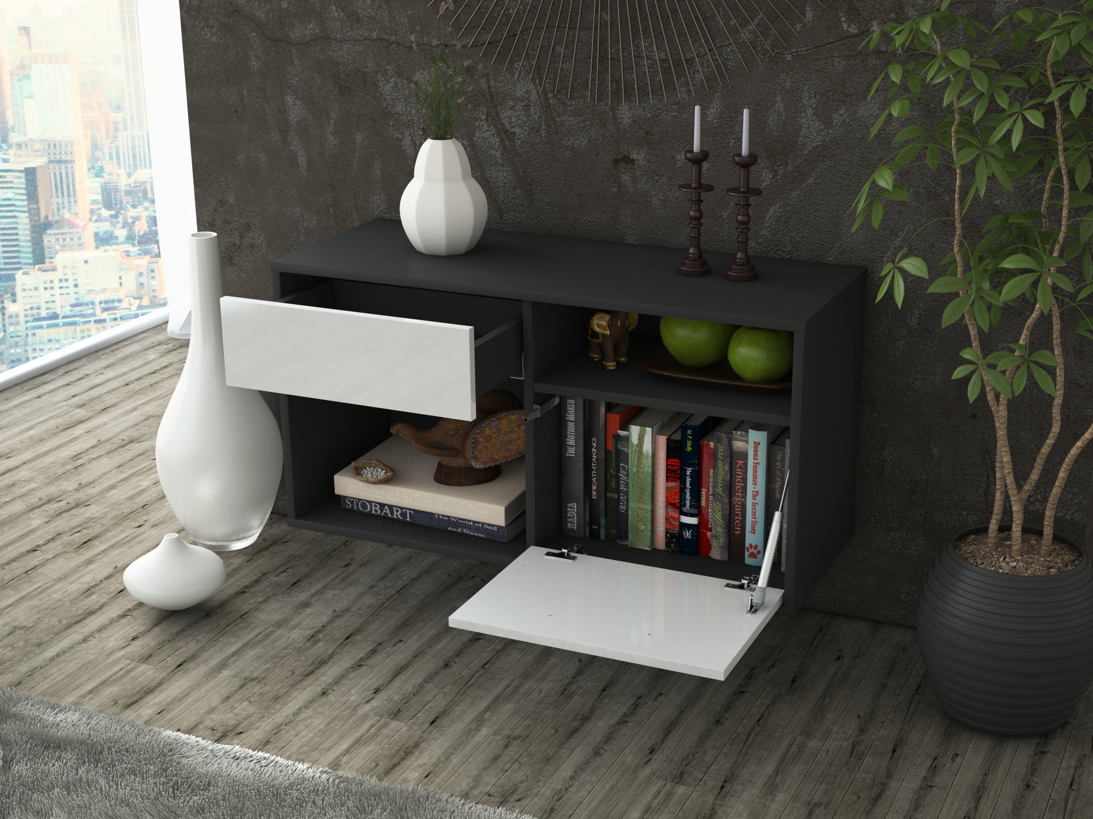 Lowboard - Albina - Design Hochglanz - Wandmontage mit Push to Open 92 cm Anthrazit
