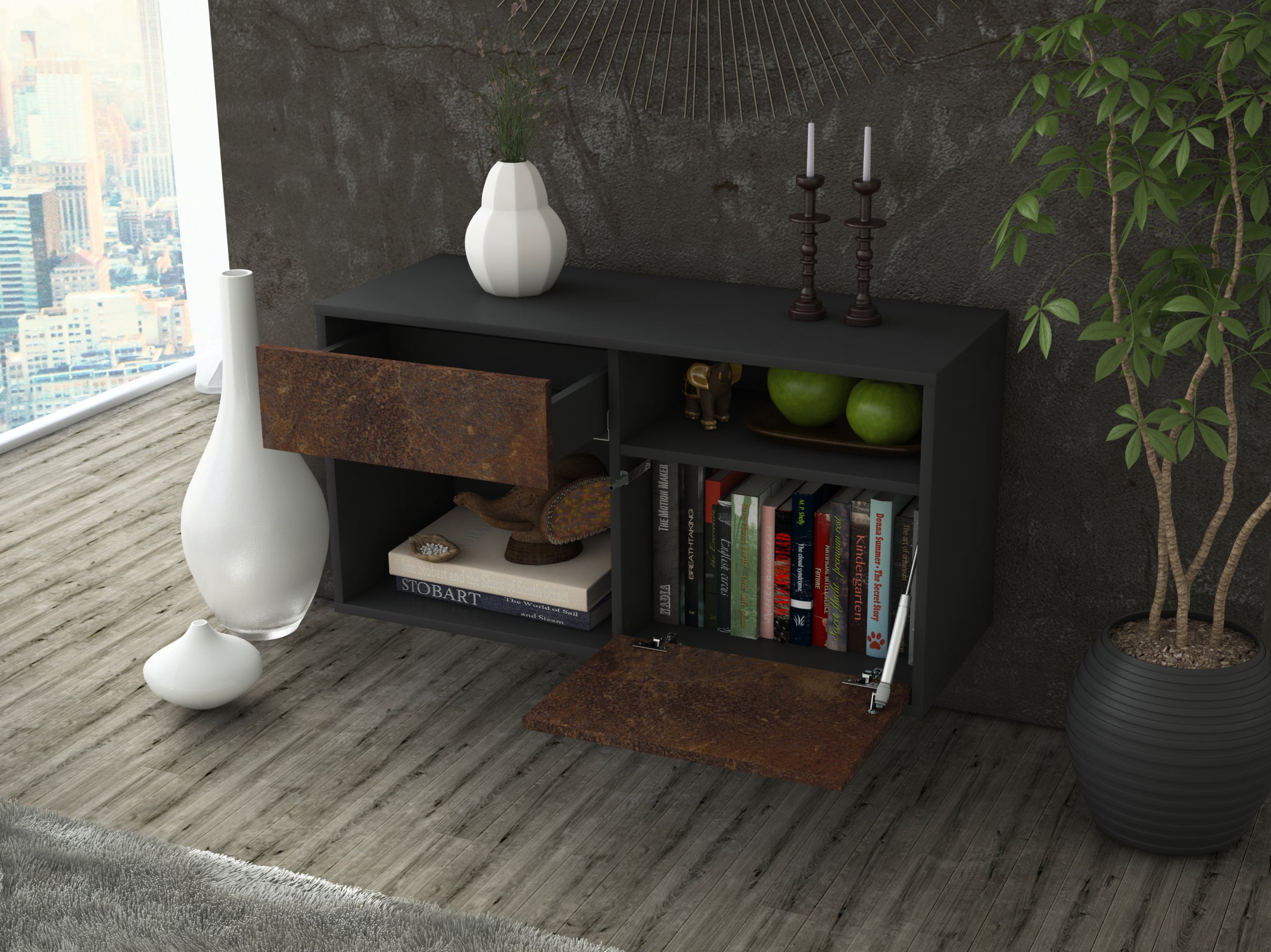 Lowboard - Albina - Design Industrie Stil - Wandmontage mit Push to Open 92 cm Anthrazit