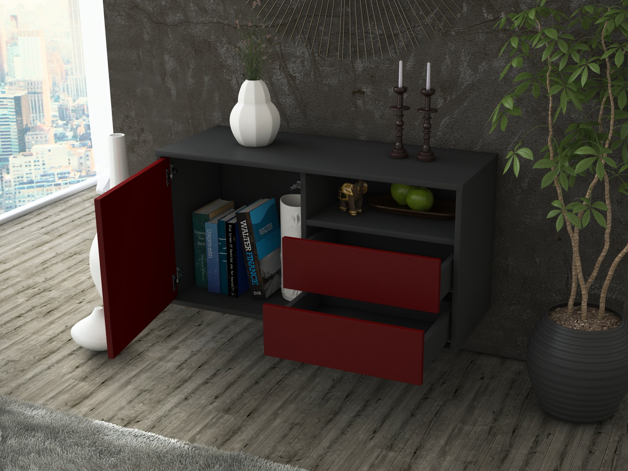 Lowboard - Alessia - Design Farbakzent - Wandmontage mit Push to Open 92 cm Anthrazit