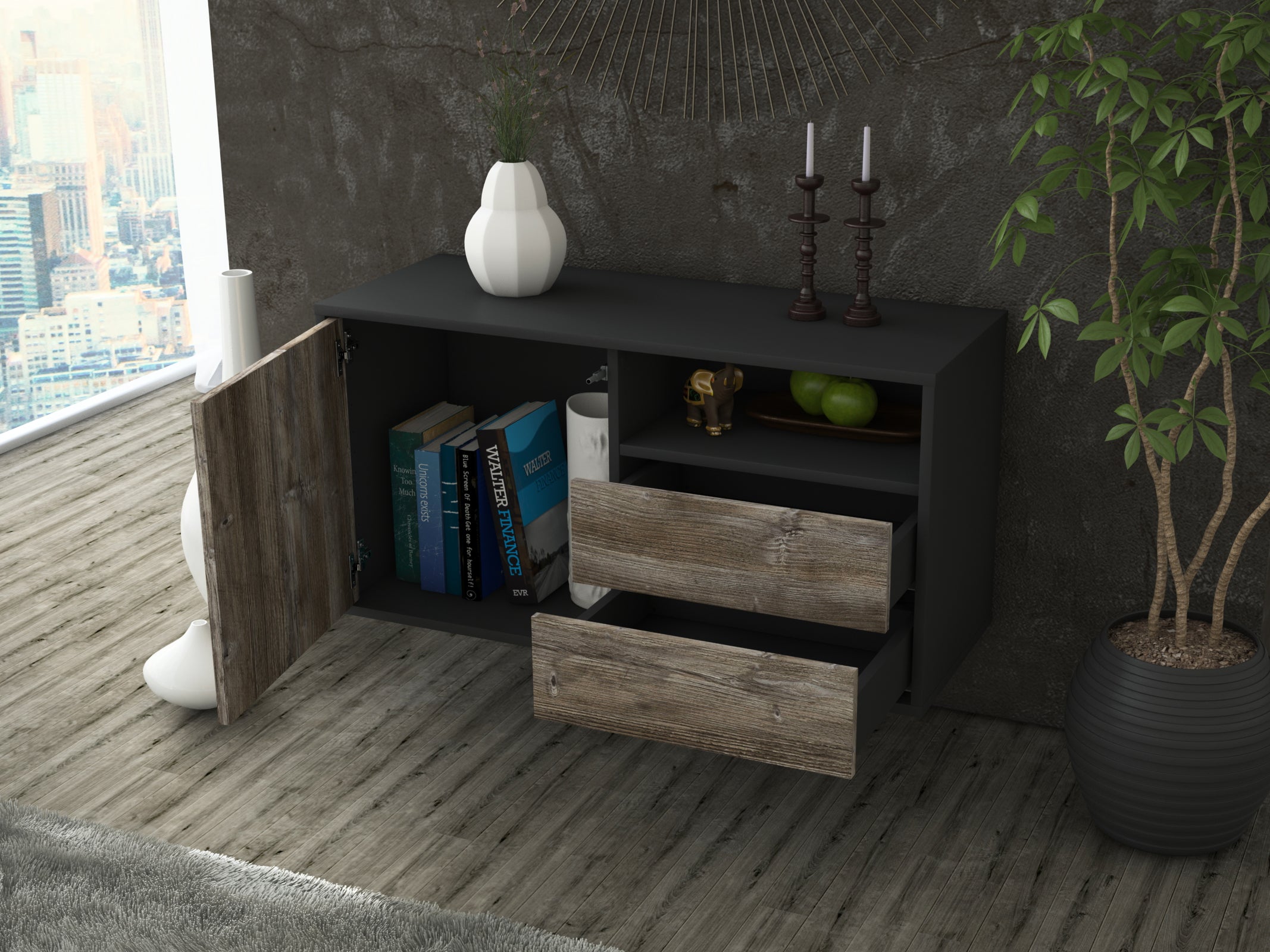 Lowboard - Alessia - Design Holzdekor - Wandmontage mit Push to Open 92 cm Anthrazit