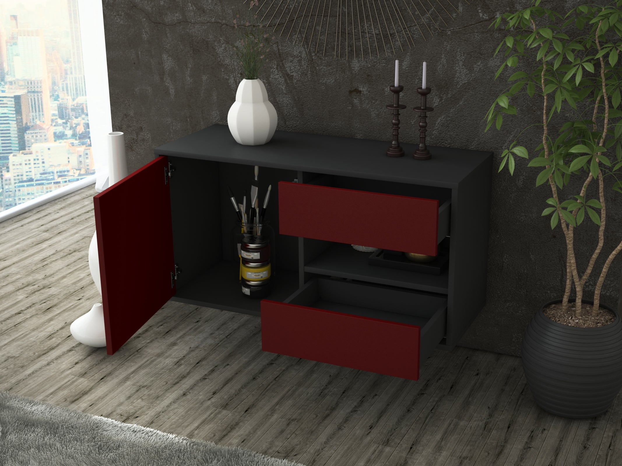 Lowboard - Aleyna - Design Farbakzent - Wandmontage mit Push to Open 92 cm Anthrazit