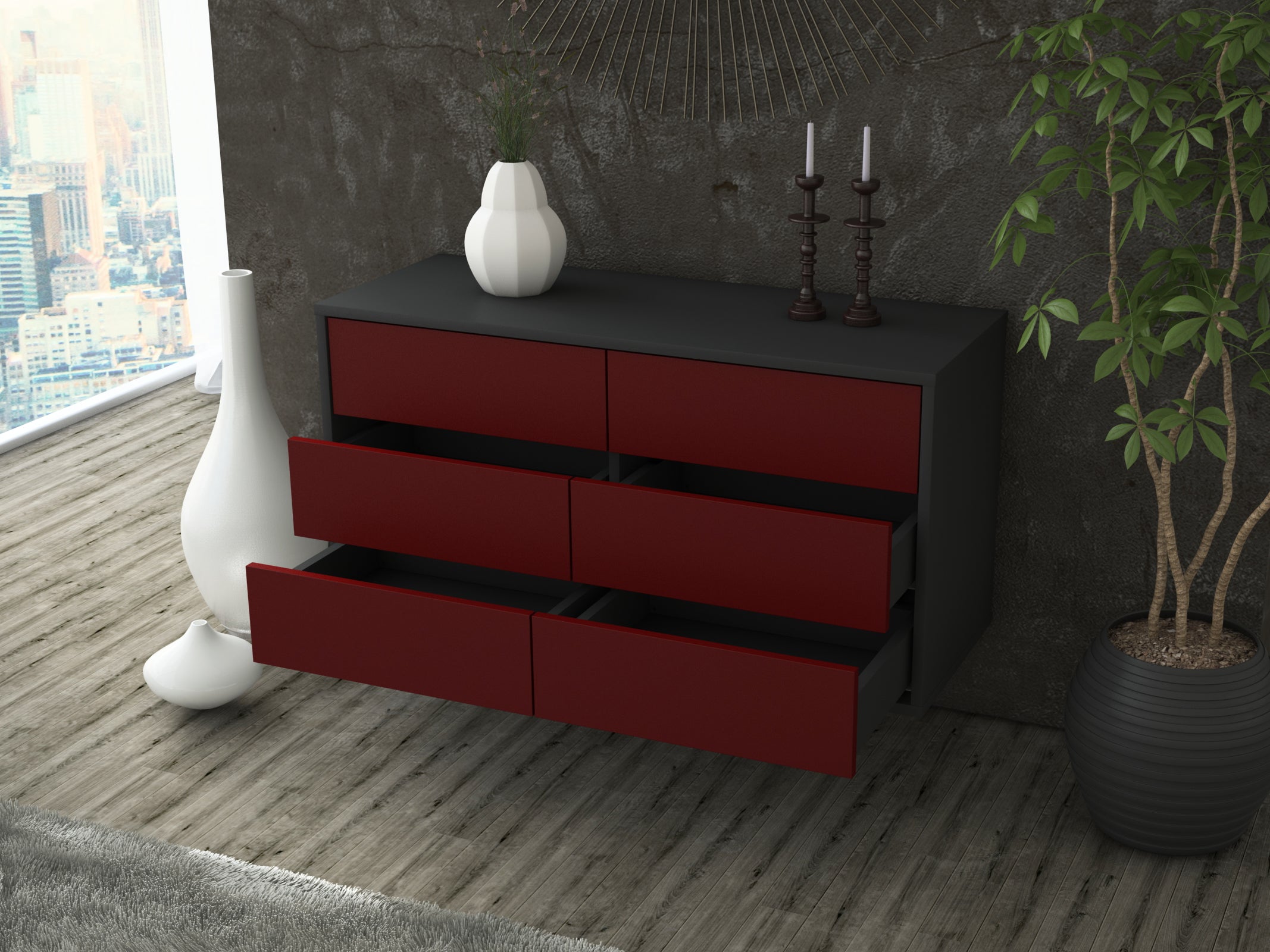 Lowboard - Alfonsa - Design Farbakzent - Wandmontage mit Push to Open 92 cm Anthrazit