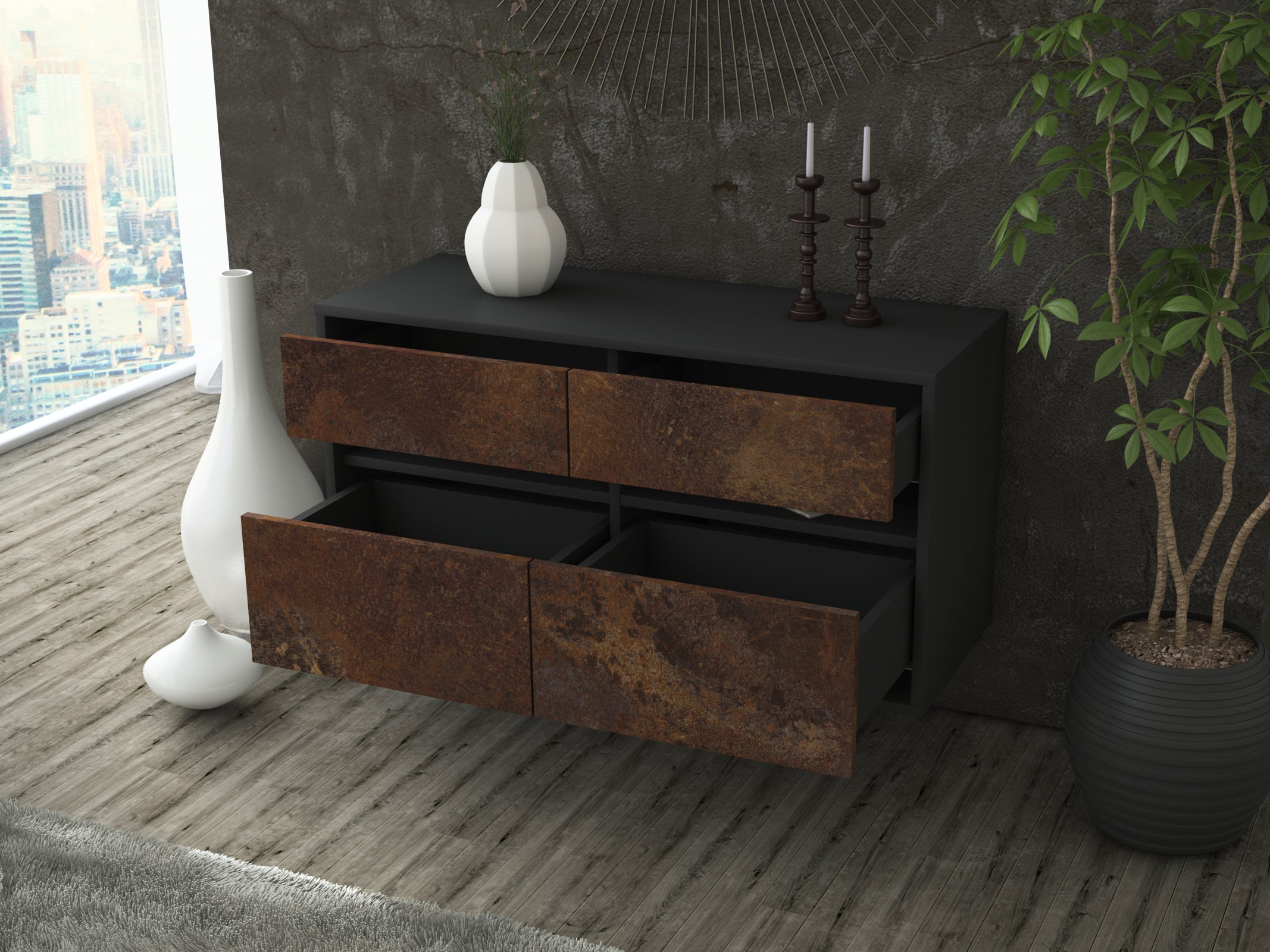 Lowboard - Alice - Design Industrie Stil - Wandmontage mit Push to Open 92 cm Anthrazit