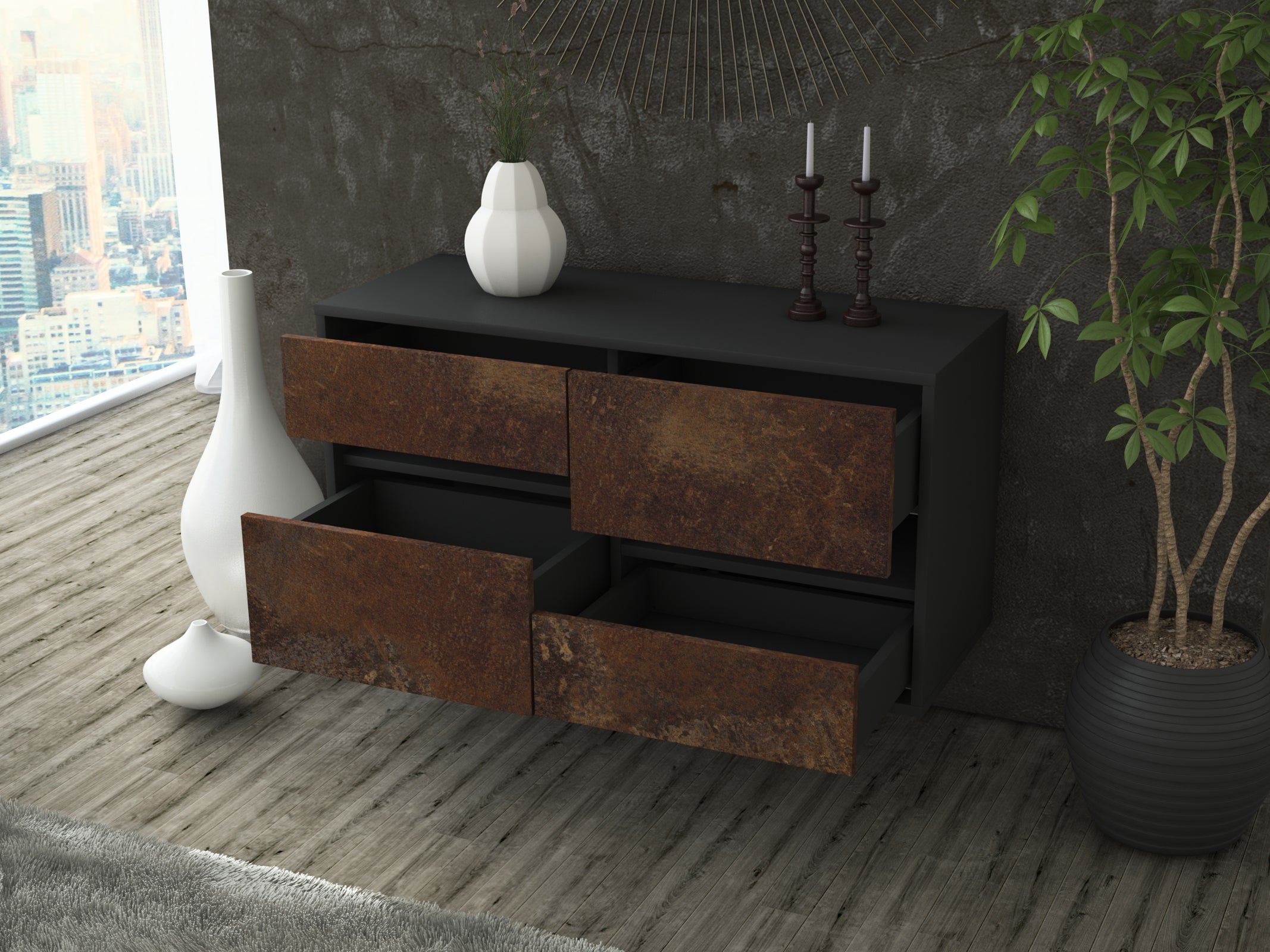 Lowboard - Alina - Design Industrie Stil - Wandmontage mit Push to Open 92 cm Anthrazit