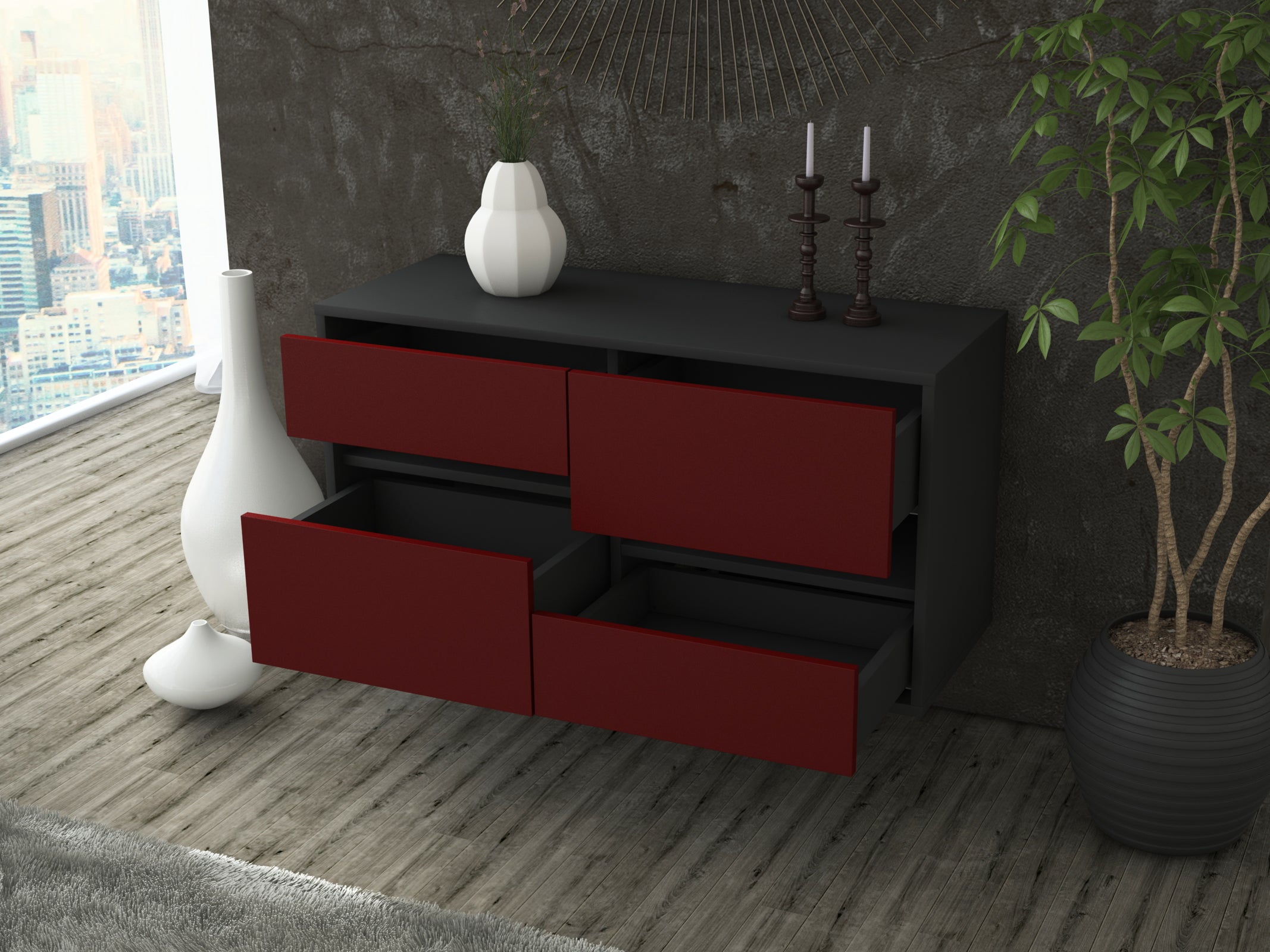 Lowboard - Alina - Design Farbakzent - Wandmontage mit Push to Open 92 cm Anthrazit