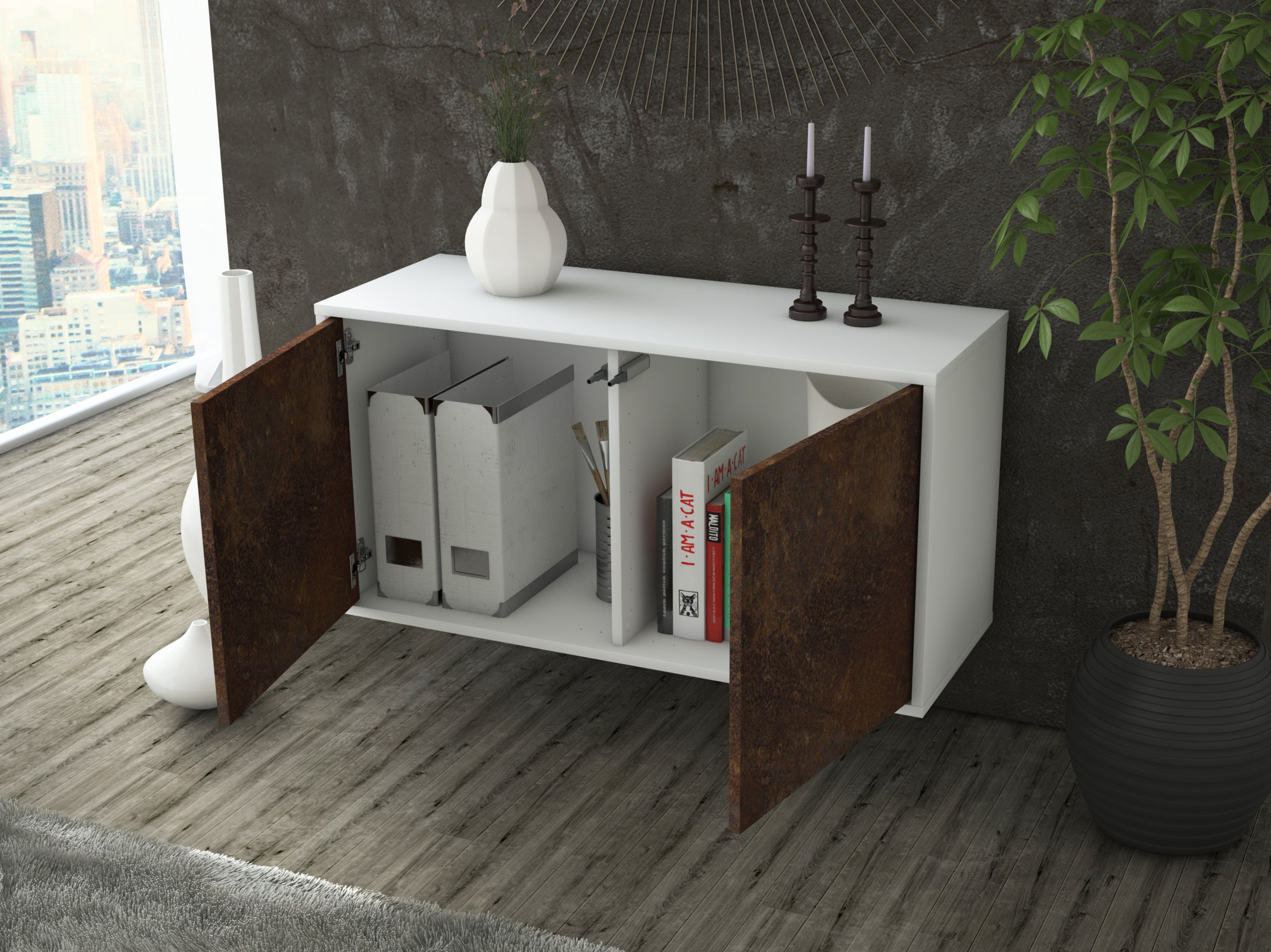 Lowboard - Ada - Design Industrie Stil - Wandmontage mit Push to Open 92 cm Weiss