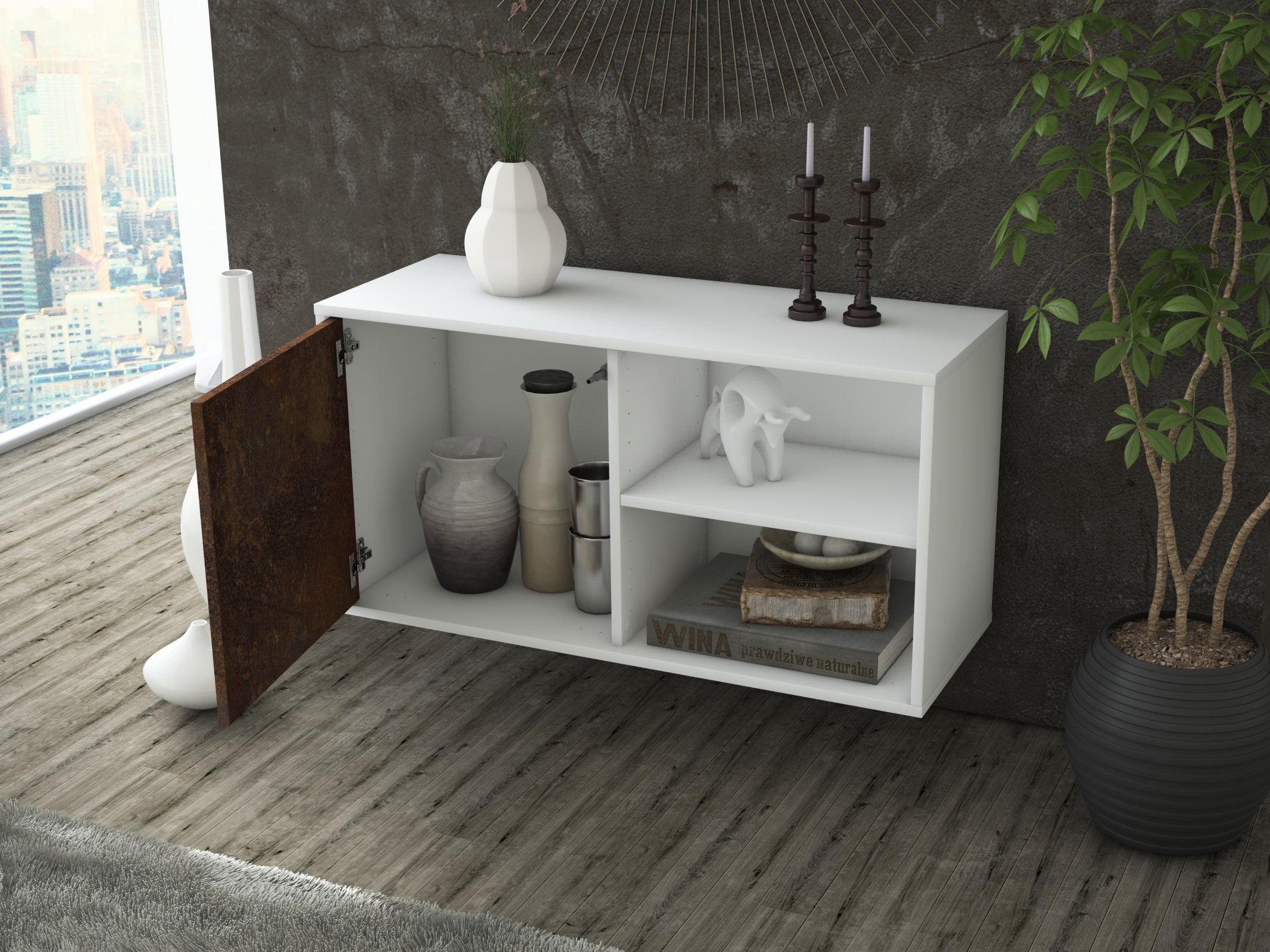 Lowboard - Adelia - Design Industrie Stil - Wandmontage mit Push to Open 92 cm Weiss