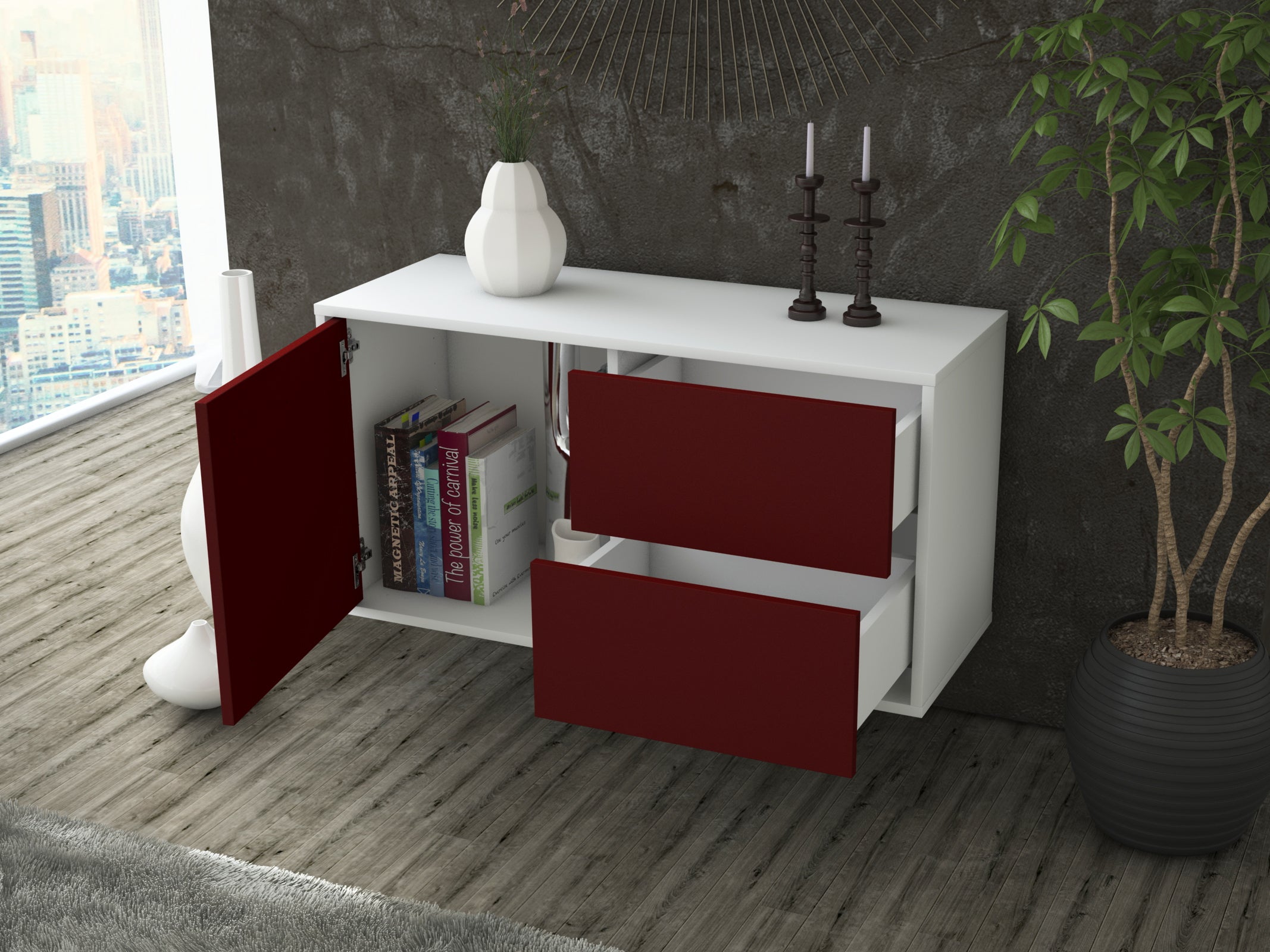 Lowboard - Adria - Design Farbakzent - Wandmontage mit Push to Open 92 cm Weiss