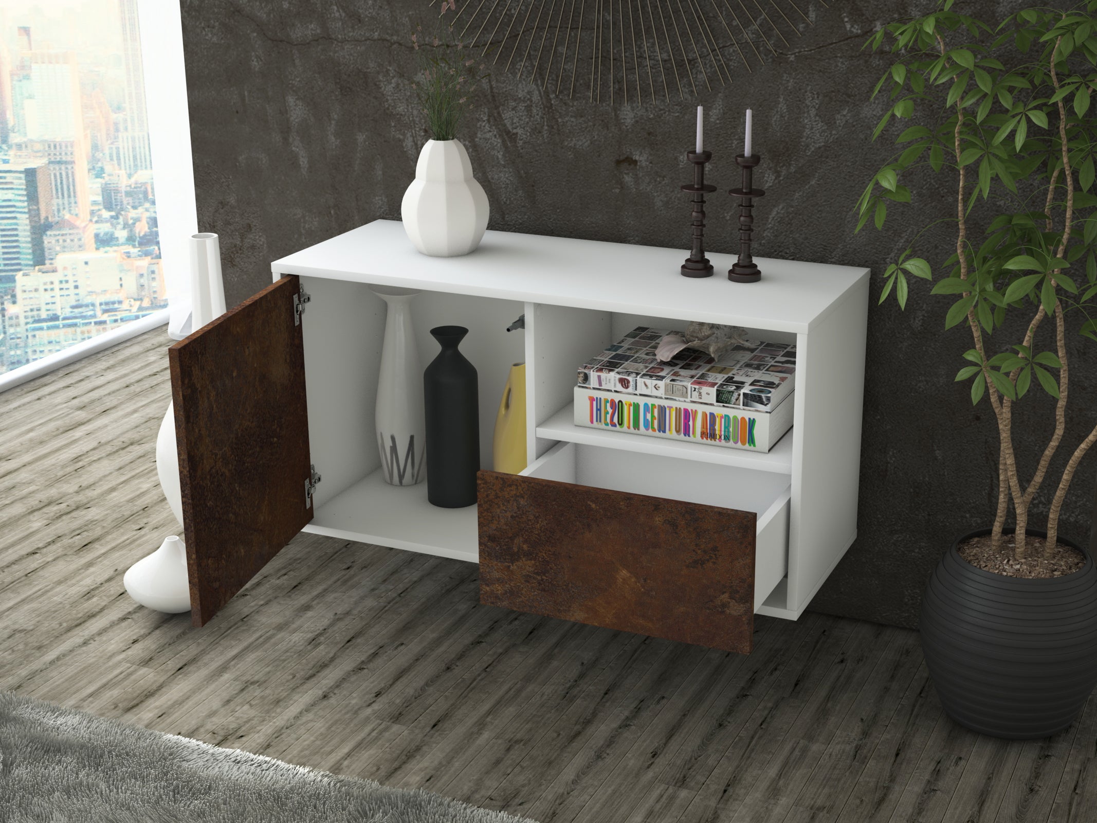 Lowboard - Adriana - Design Industrie Stil - Wandmontage mit Push to Open 92 cm Weiss