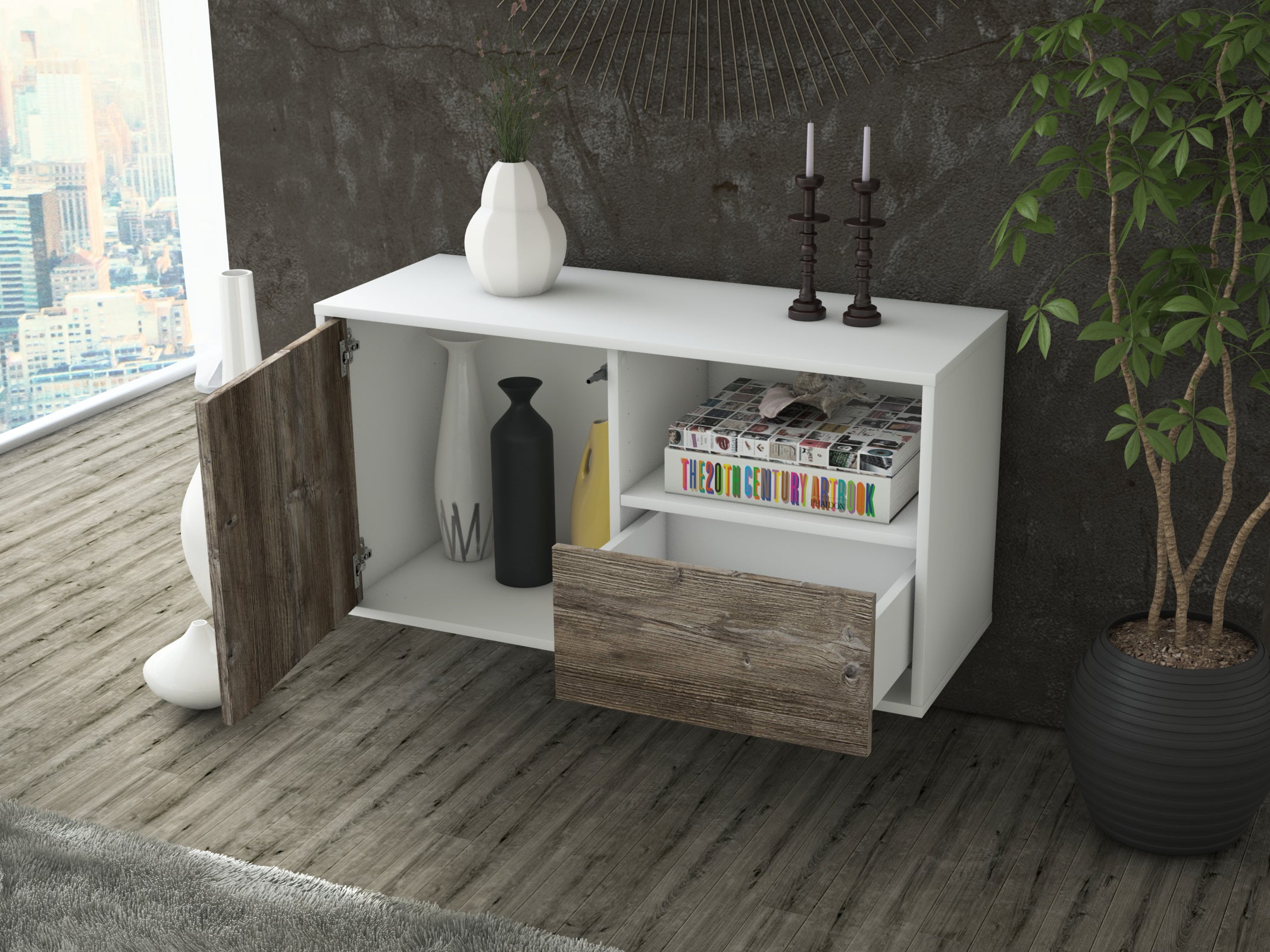 Lowboard - Adriana - Design Holzdekor - Wandmontage mit Push to Open 92 cm Weiss