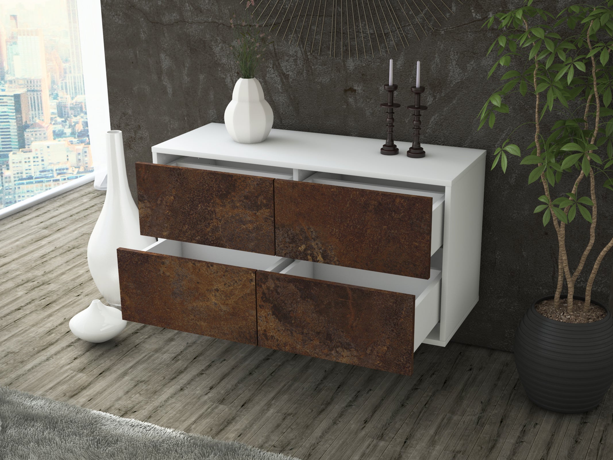 Lowboard - Aella - Design Industrie Stil - Wandmontage mit Push to Open 92 cm Weiss