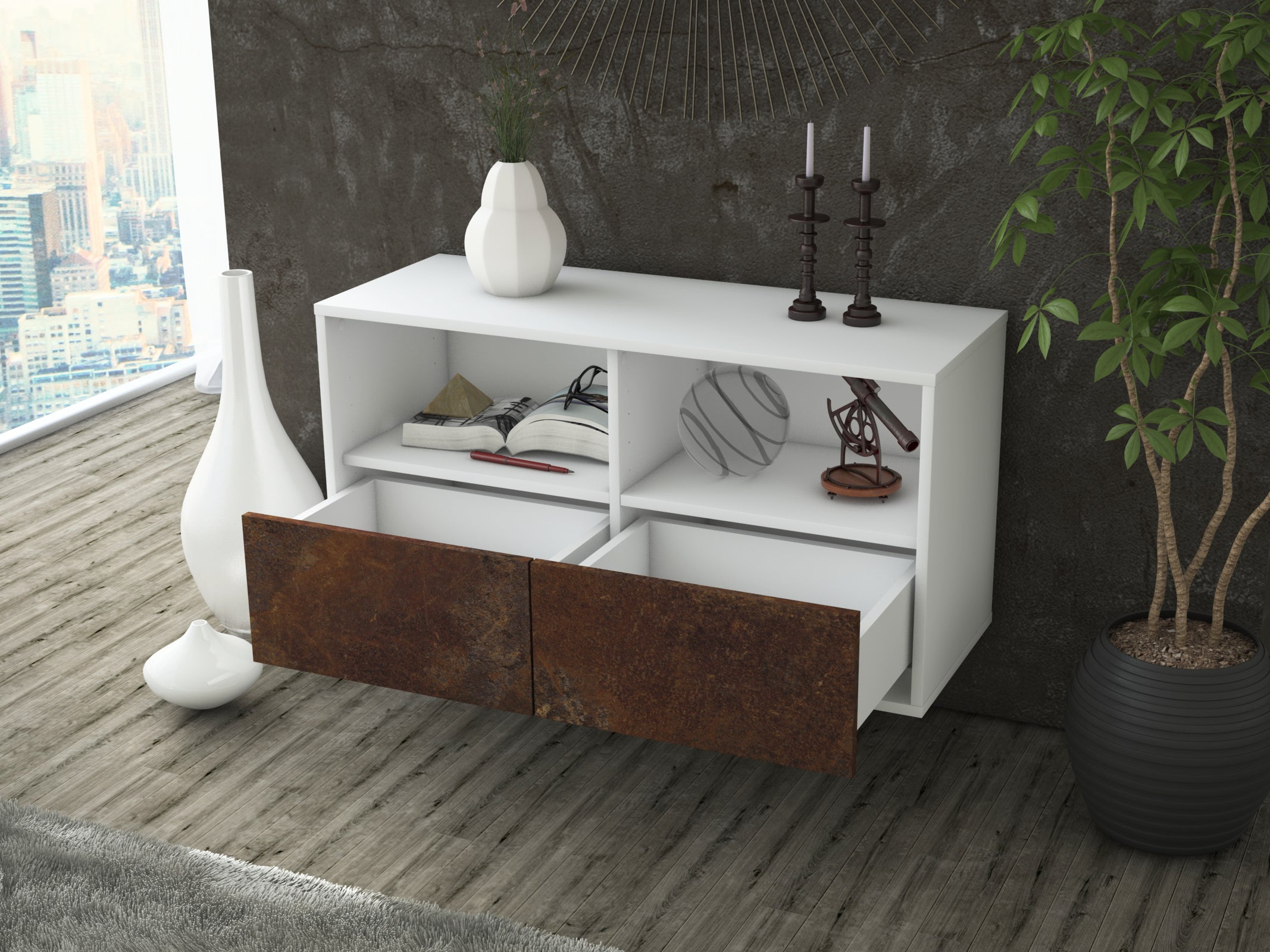Lowboard - Aeon - Design Industrie Stil - Wandmontage mit Push to Open 92 cm Weiss