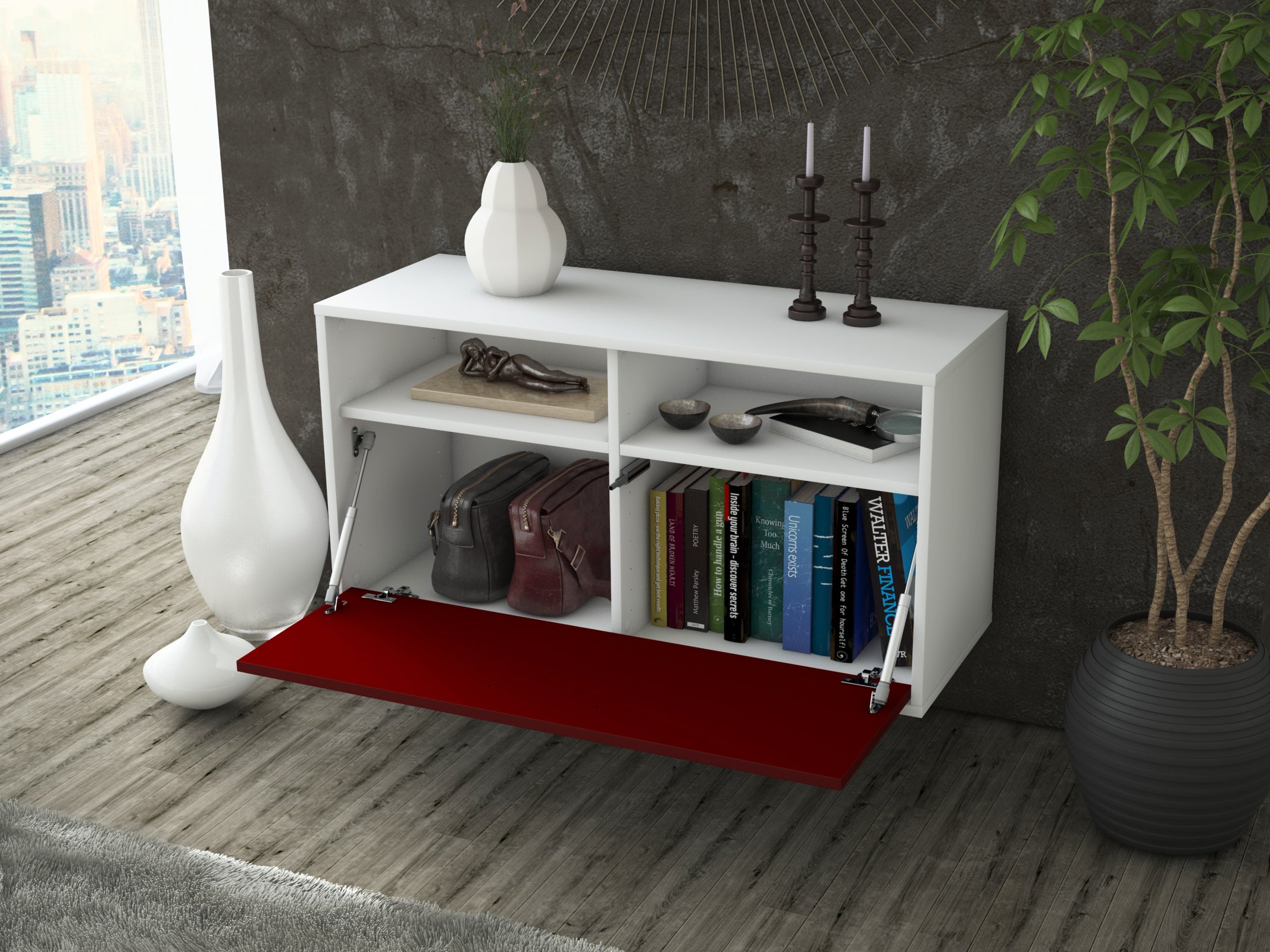 Lowboard - Agostina - Design Farbakzent - Wandmontage mit Push to Open 92 cm Weiss
