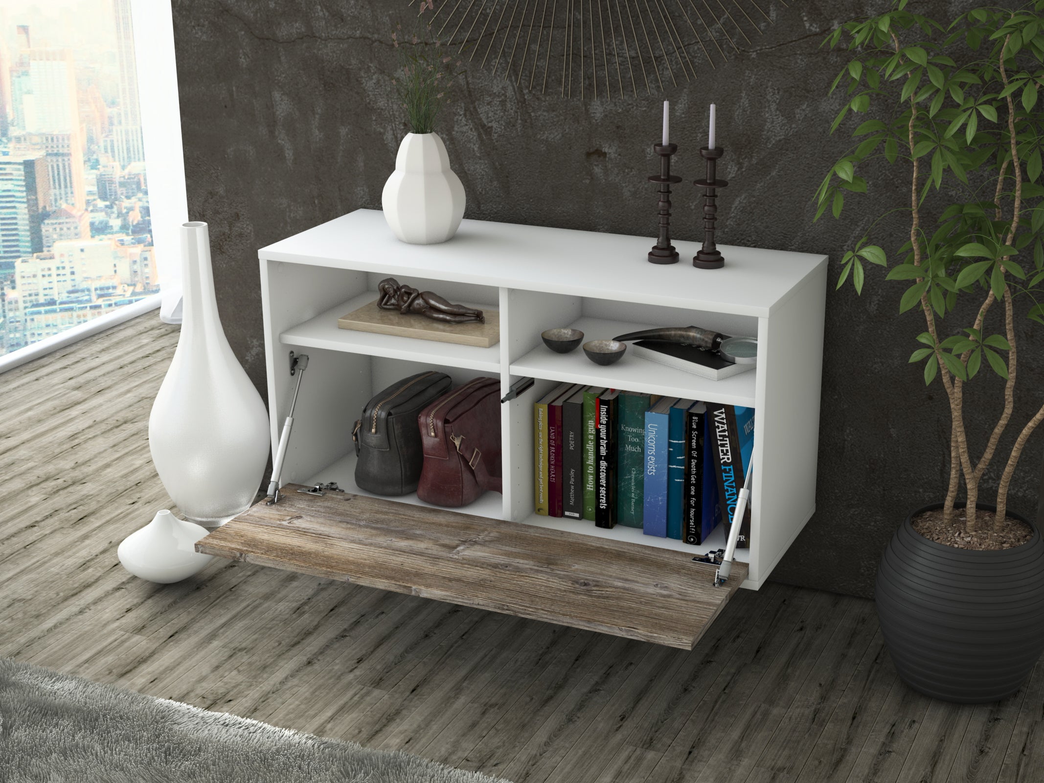 Lowboard - Agostina - Design Holzdekor - Wandmontage mit Push to Open 92 cm Weiss