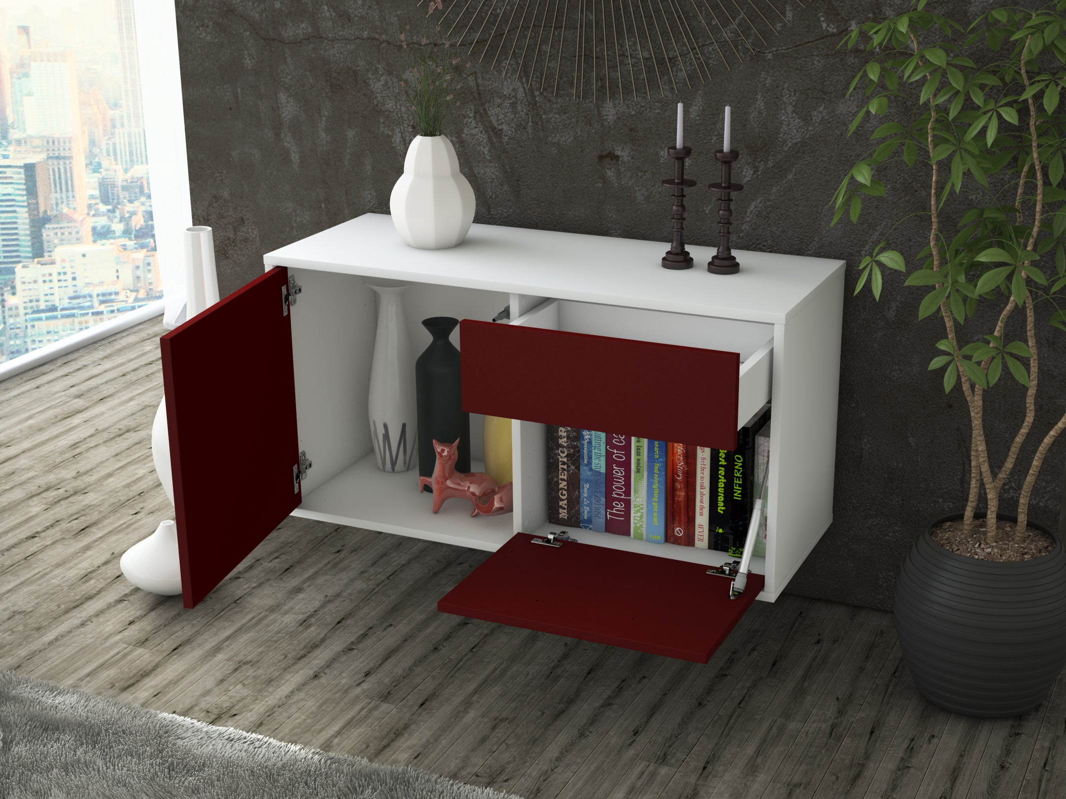 Lowboard - Aja - Design Farbakzent - Wandmontage mit Push to Open 92 cm Weiss
