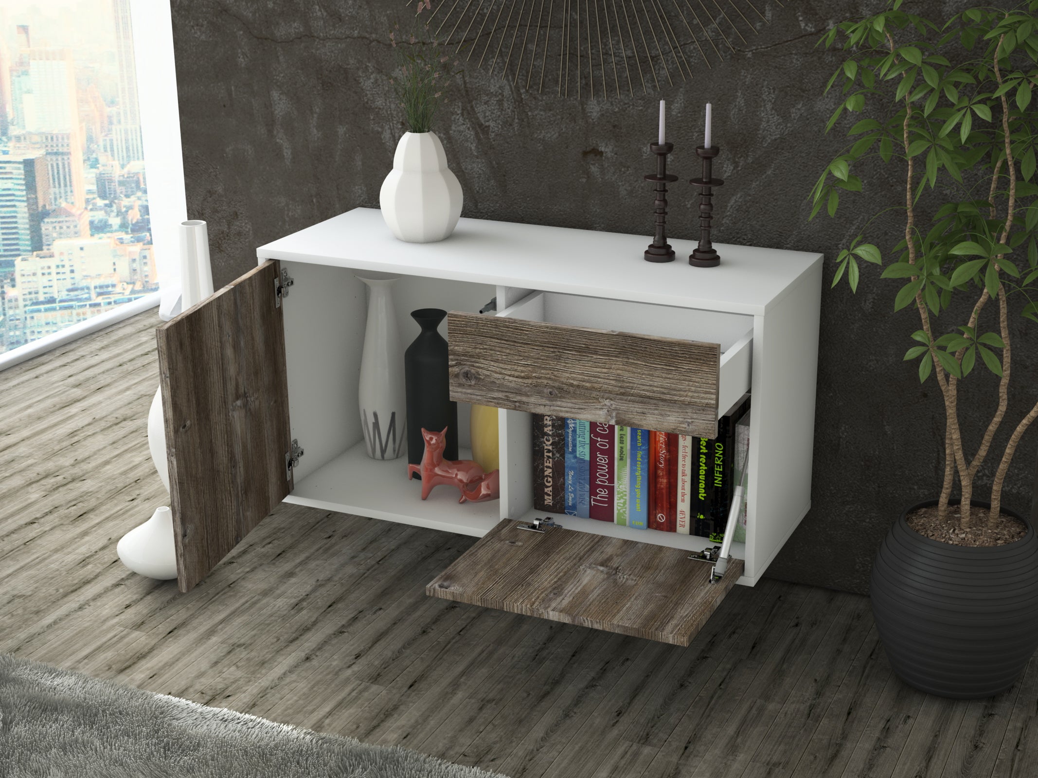 Lowboard - Aja - Design Holzdekor - Wandmontage mit Push to Open 92 cm Weiss