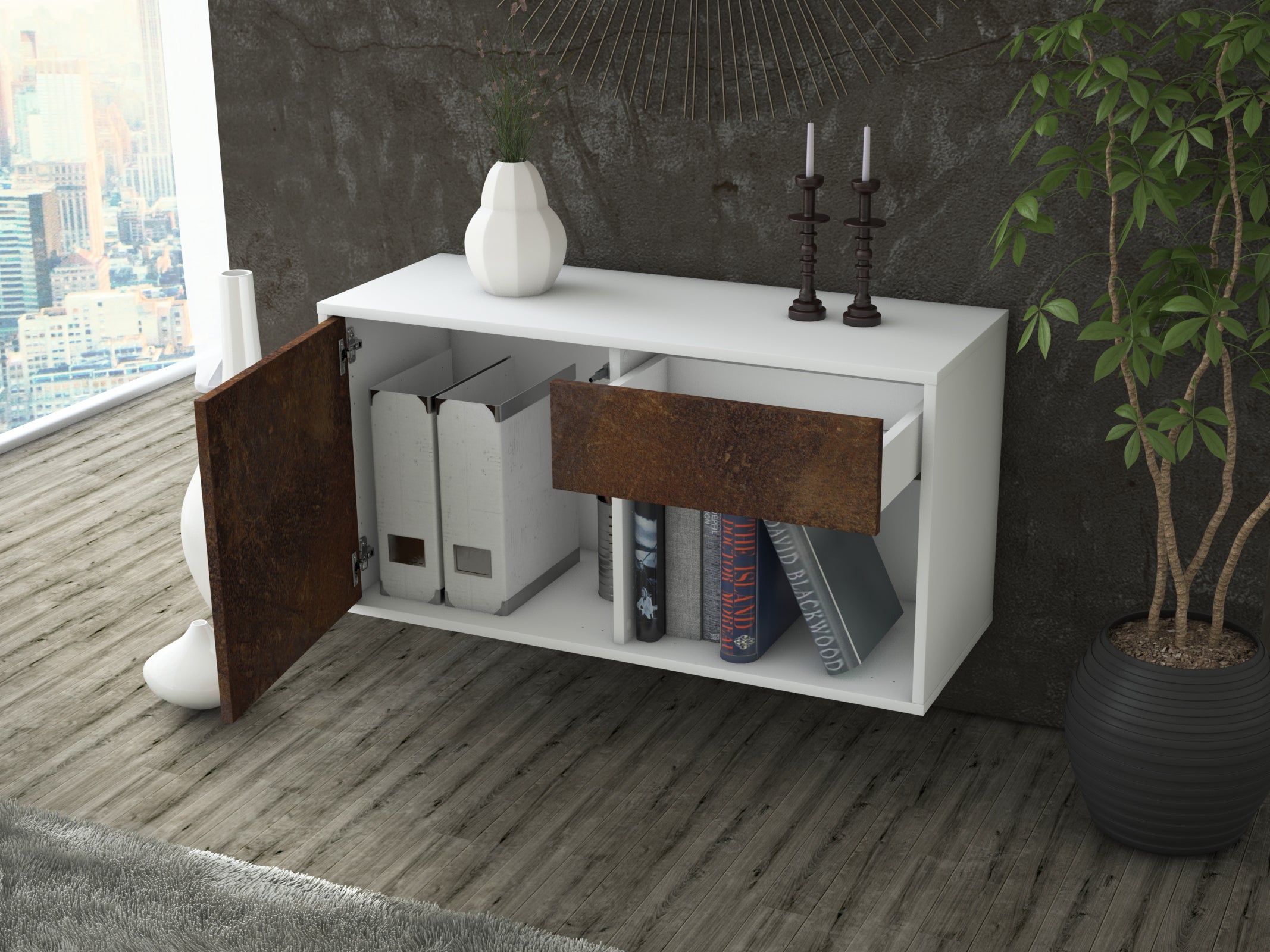 Lowboard - Alberina - Design Industrie Stil - Wandmontage mit Push to Open 92 cm Weiss