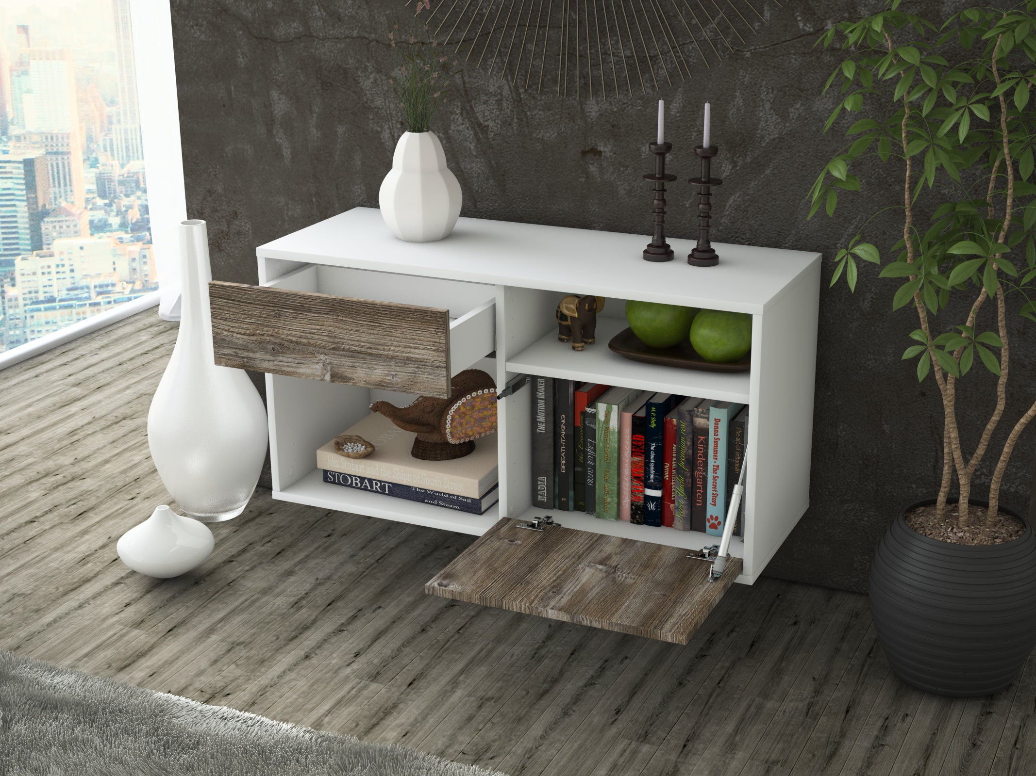 Lowboard - Albina - Design Holzdekor - Wandmontage mit Push to Open 92 cm Weiss