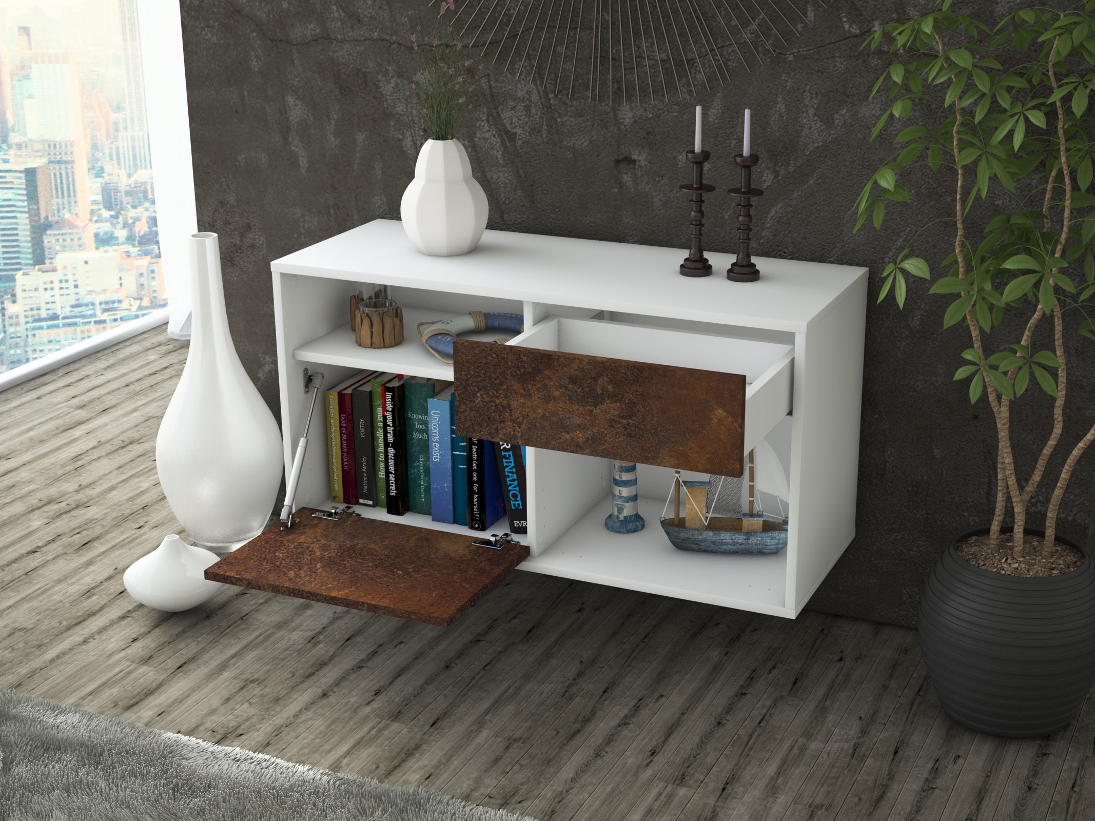 Lowboard - Alecia - Design Industrie Stil - Wandmontage mit Push to Open 92 cm Weiss