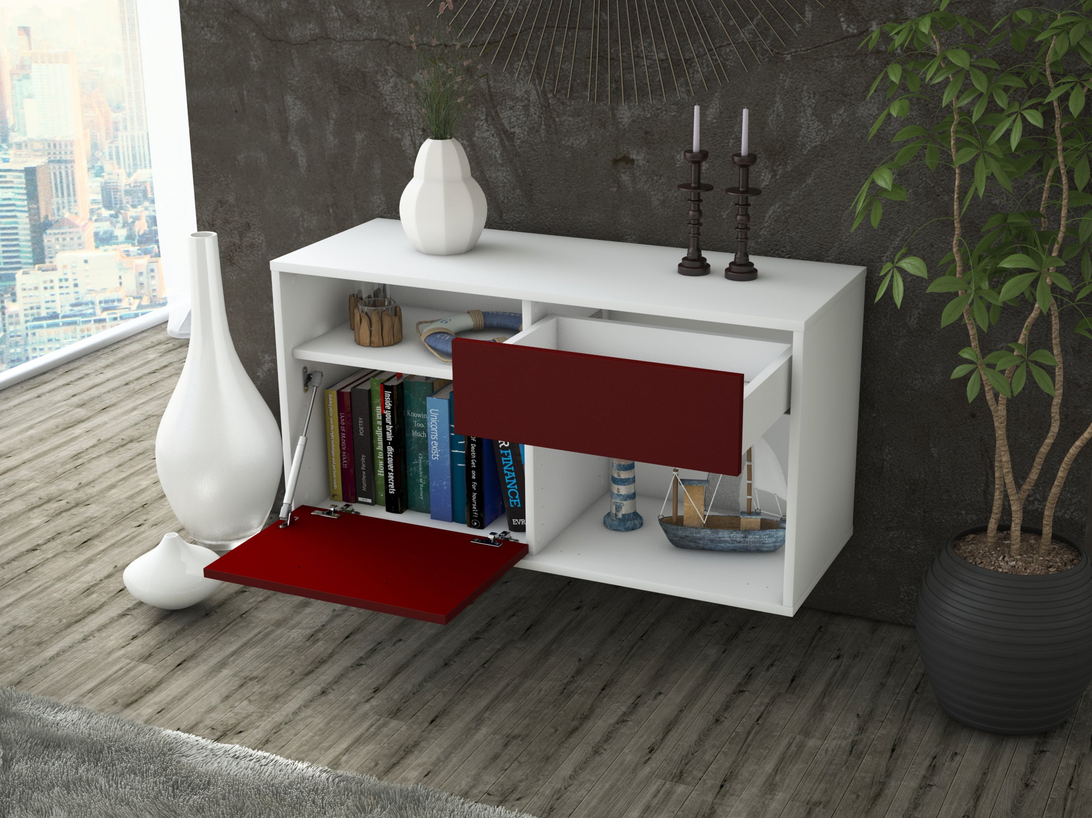 Lowboard - Alecia - Design Farbakzent - Wandmontage mit Push to Open 92 cm Weiss