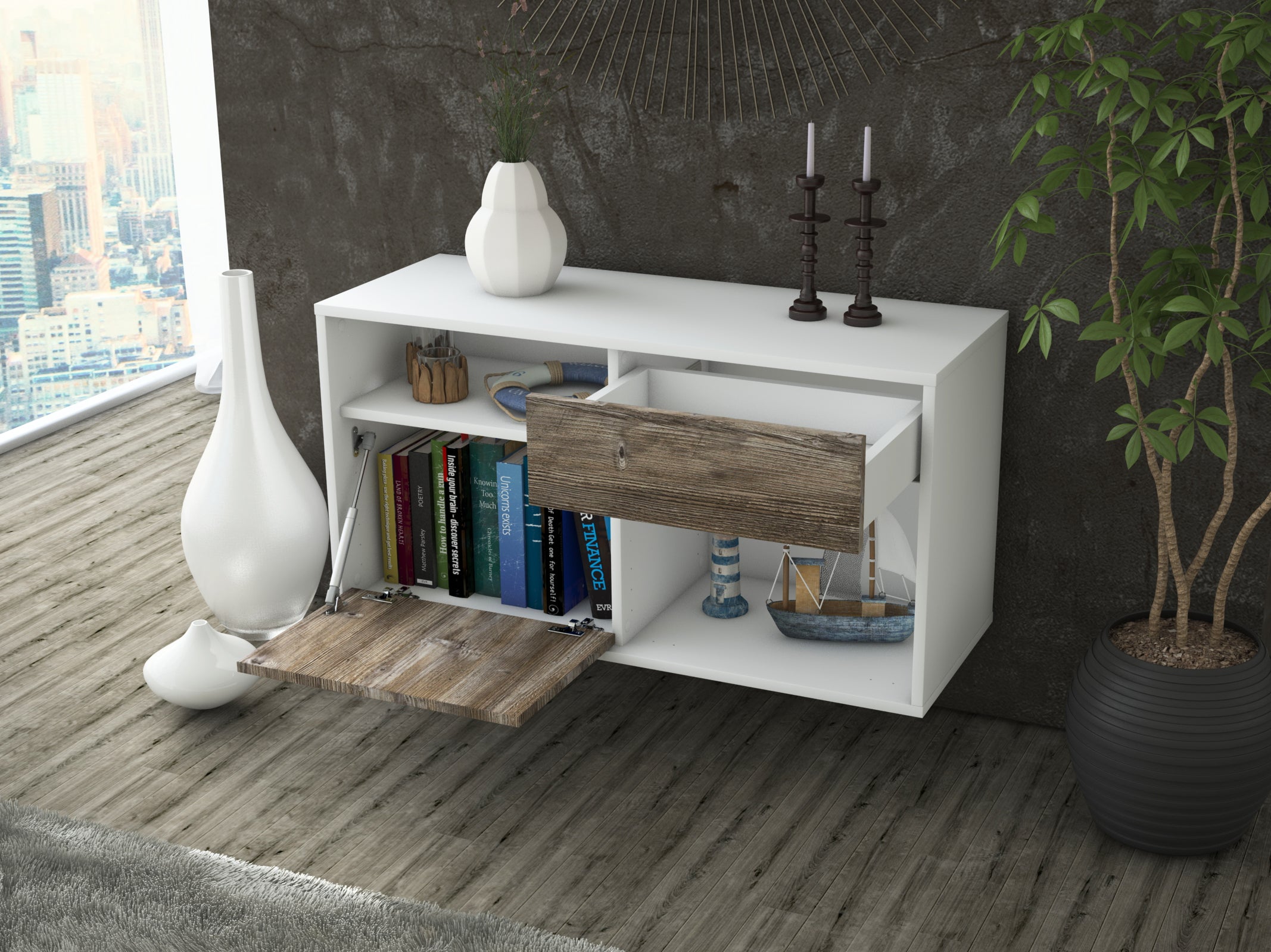 Lowboard - Alecia - Design Holzdekor - Wandmontage mit Push to Open 92 cm Weiss
