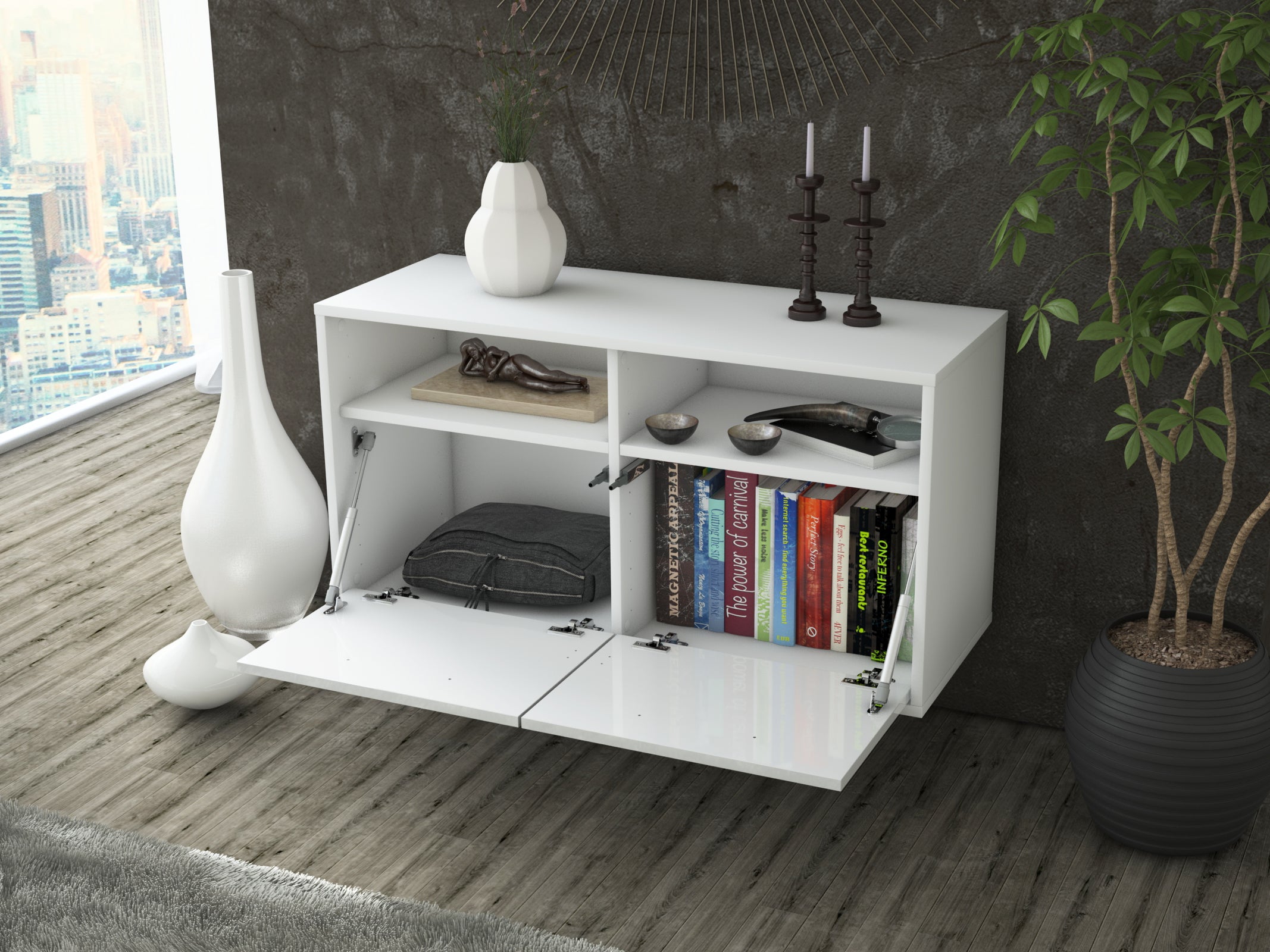 Lowboard - Alegra - Design Hochglanz - Wandmontage mit Push to Open 92 cm Weiss
