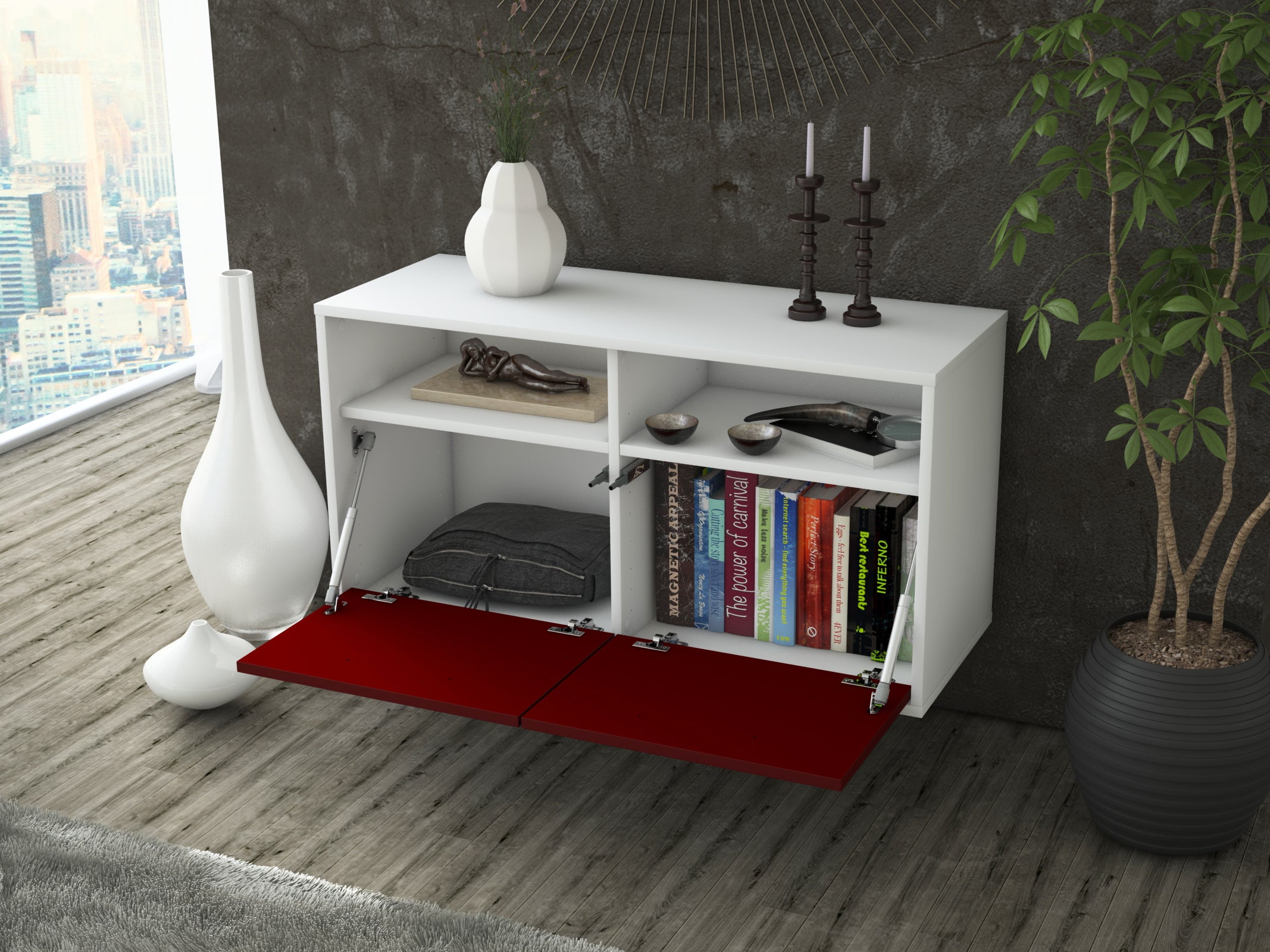 Lowboard - Alegra - Design Farbakzent - Wandmontage mit Push to Open 92 cm Weiss