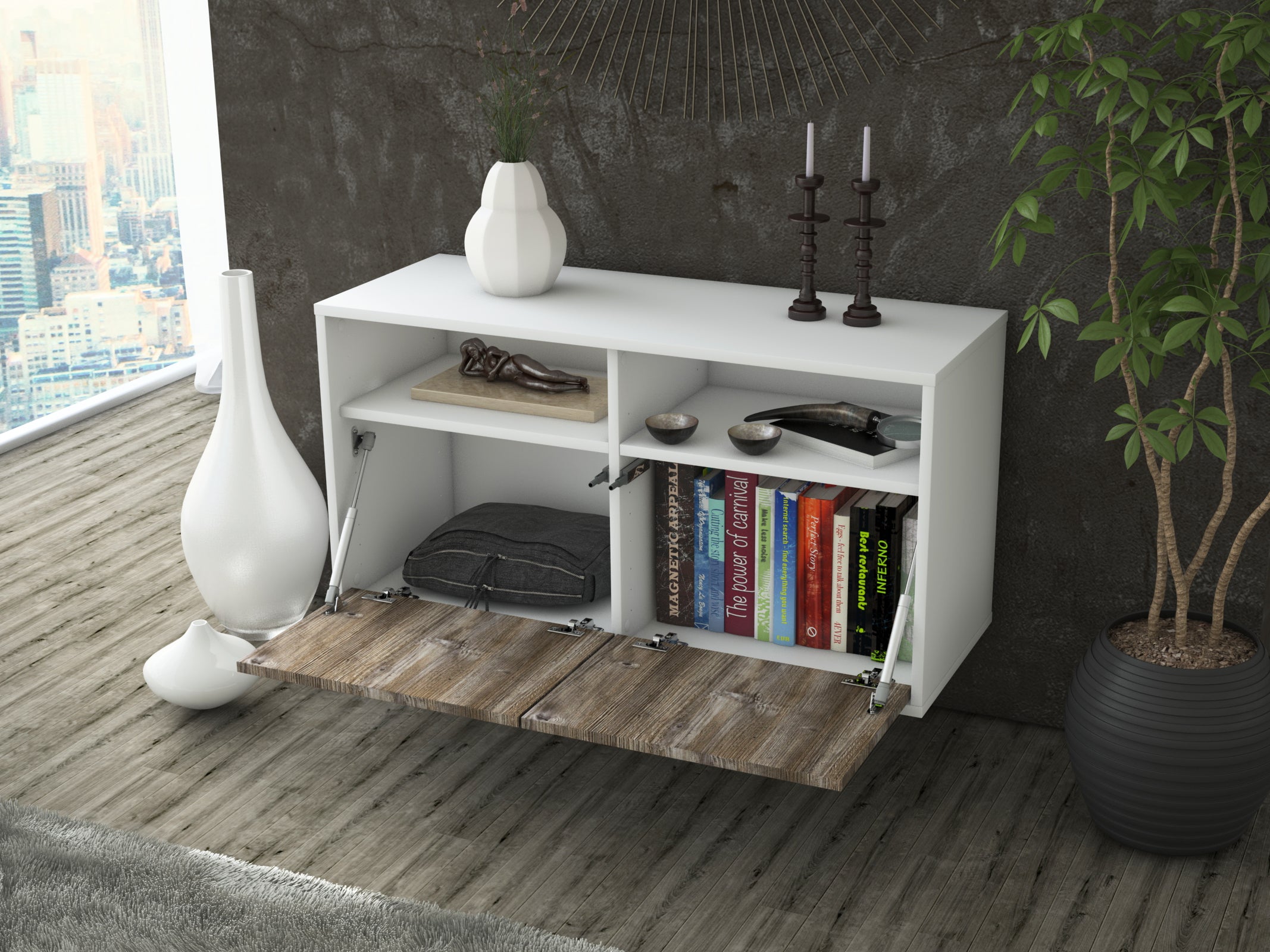 Lowboard - Alegra - Design Holzdekor - Wandmontage mit Push to Open 92 cm Weiss