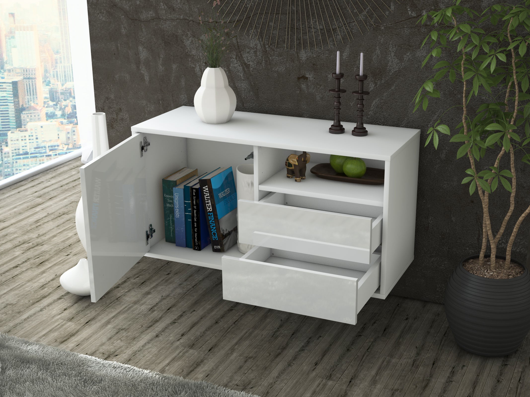 Lowboard - Alessia - Design Hochglanz - Wandmontage mit Push to Open 92 cm Weiss