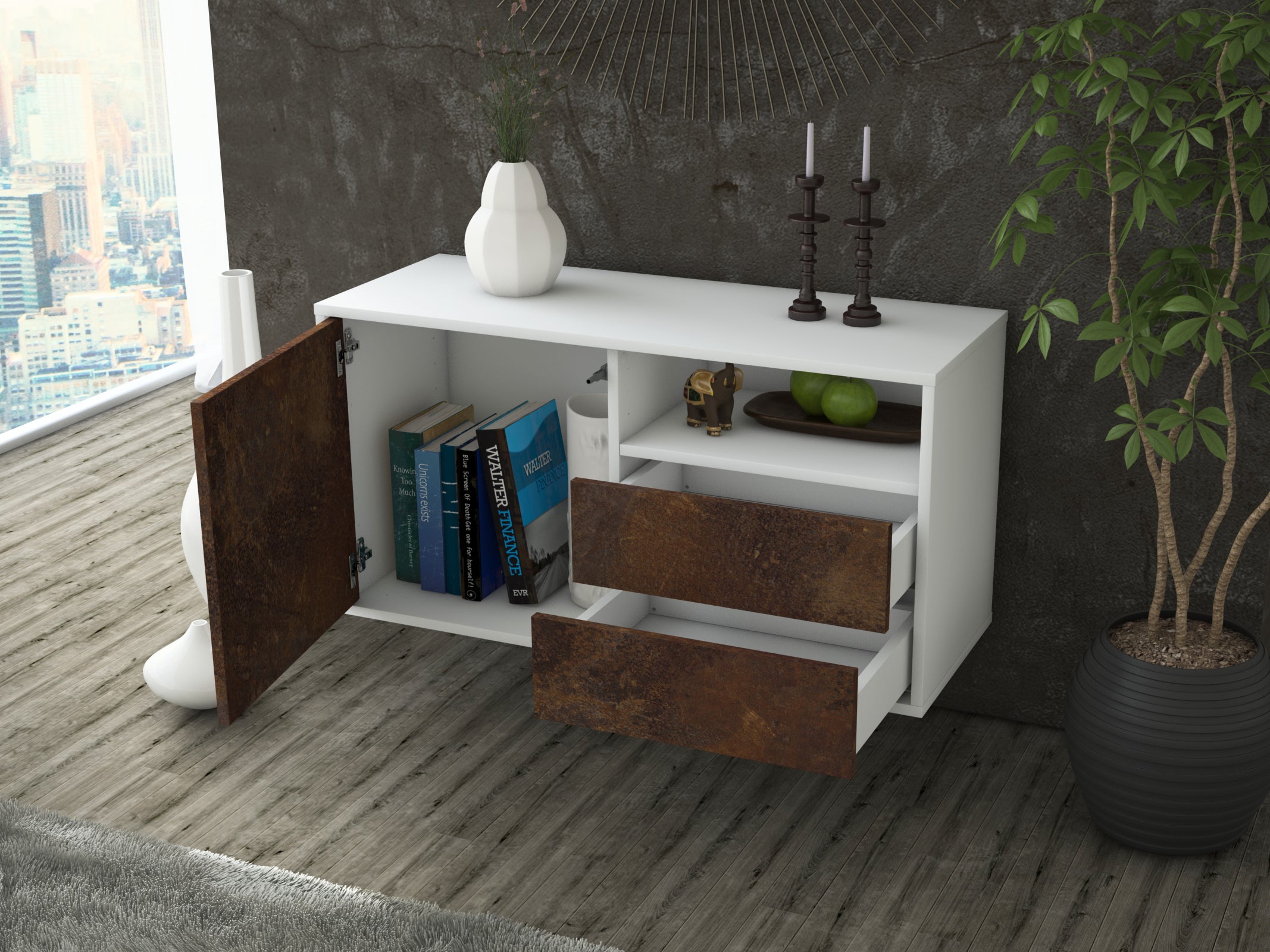 Lowboard - Alessia - Design Industrie Stil - Wandmontage mit Push to Open 92 cm Weiss