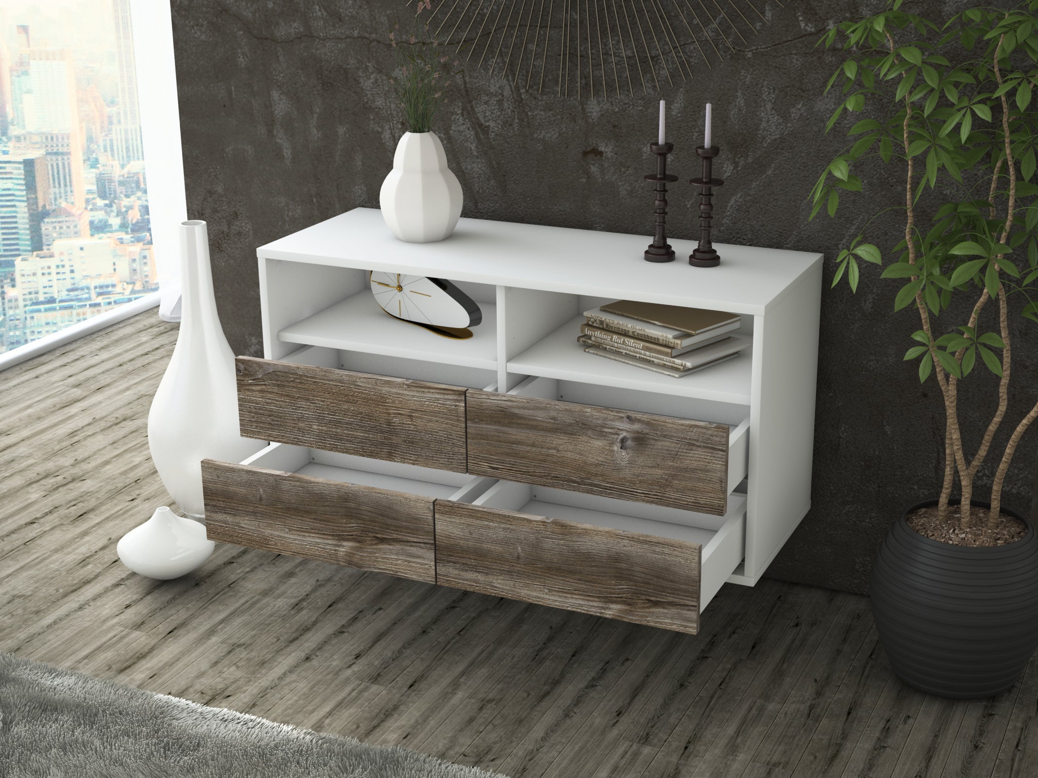 Lowboard - Alia - Design Holzdekor - Wandmontage mit Push to Open 92 cm Weiss