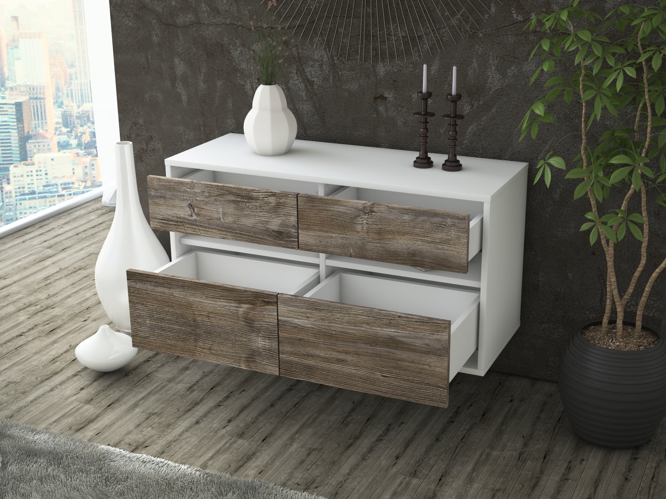 Lowboard - Alice - Design Holzdekor - Wandmontage mit Push to Open 92 cm Weiss